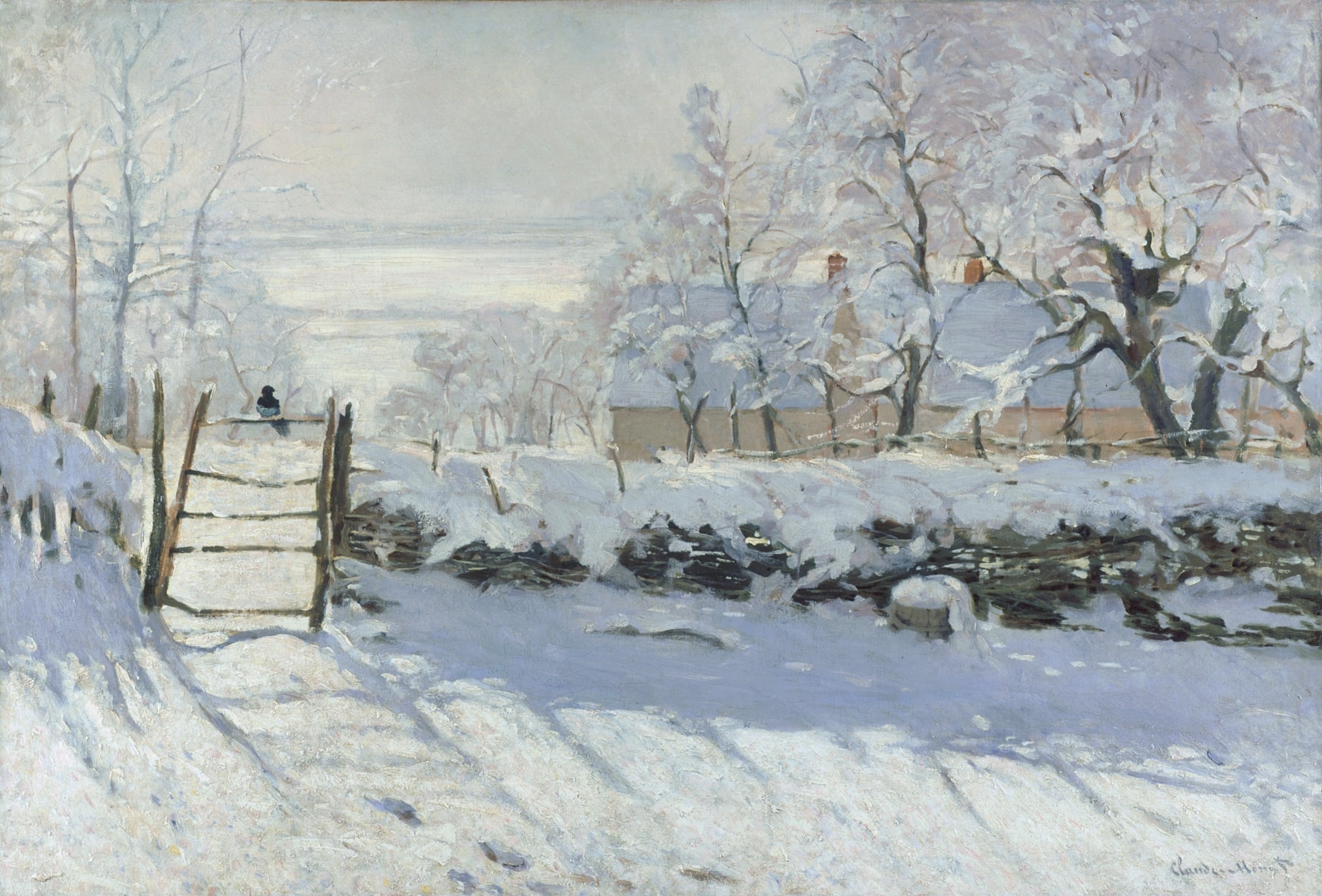 The Magpie by Claude Monet (1868–1869) featuring Magpie, Wooden Gate, Blue‑violet Shadows on Snow, Farmhouse with Snow‑covered Roof and Chimneys