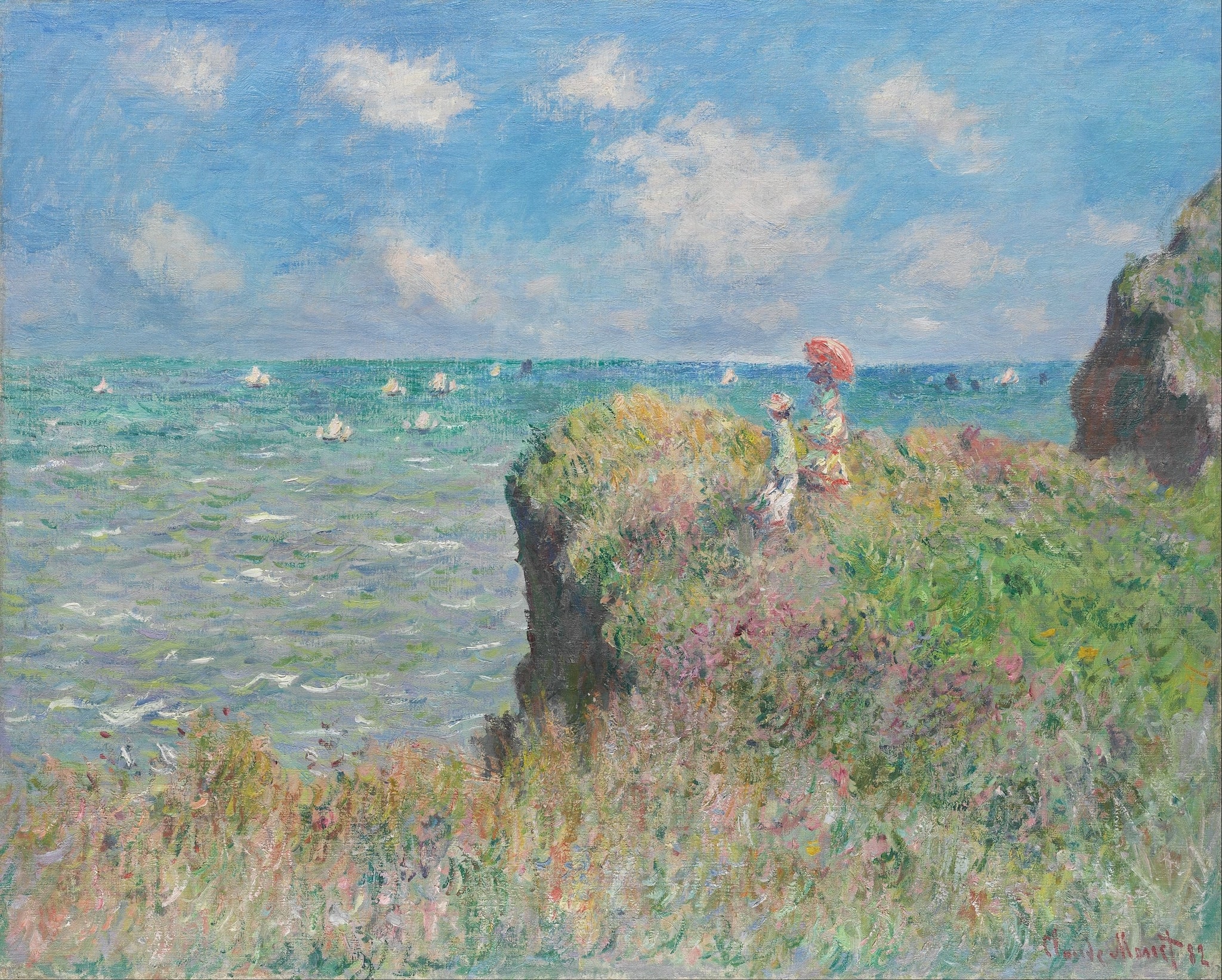 The Cliff Walk at Pourville by Claude Monet (1882) featuring Pink parasol, Cliff edge/precipice, White sails/boatlets, Wind-blown wild grasses and flowers