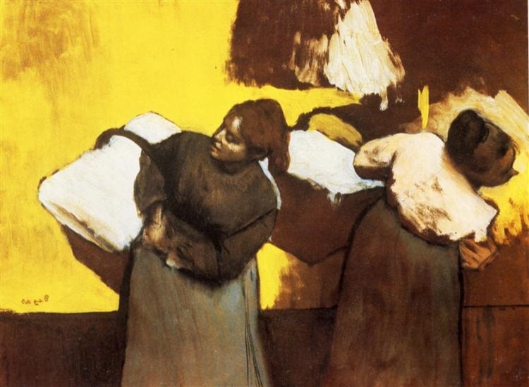 Laundresses Carrying Linen in Town by Camille Pissarro (1879) featuring White linen bundles, Saturated yellow ground, Dark horizontal band (ground/street), Opposing diagonals of bodies and loads