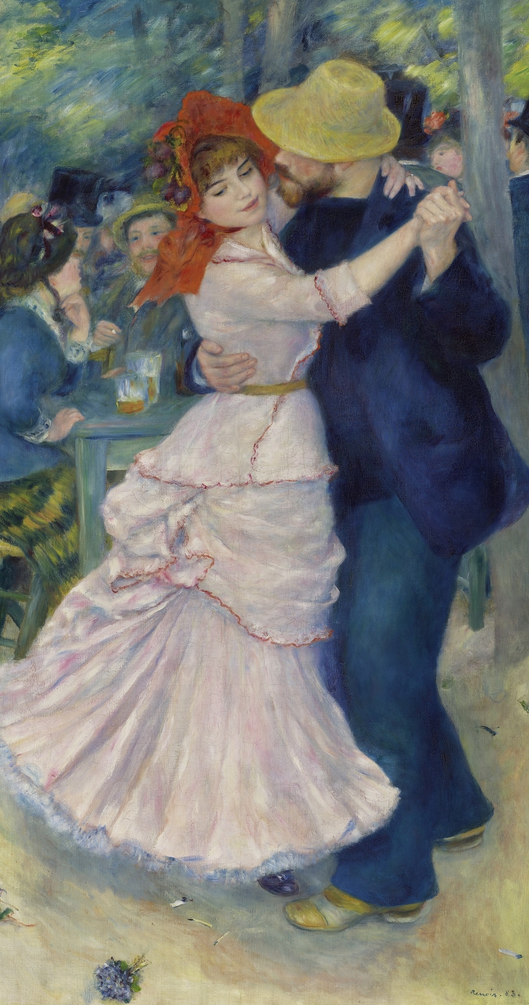 Dance at Bougival by Pierre-Auguste Renoir (1883) featuring Scarlet bonnet with fruit, Clasped, ungloved hands, Swirling pale pink dress with red-edged ruffles, Man’s deep blue jacket