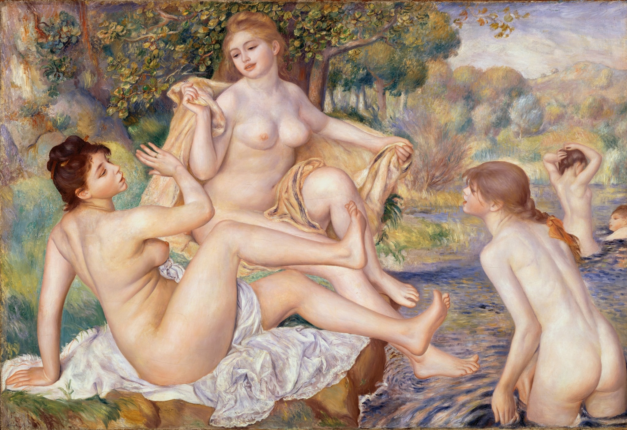 The Large Bathers by Pierre-Auguste Renoir (1884–1887) featuring Flowing stream, Golden drape, Raised, presiding hand/gesture, Splashing hand