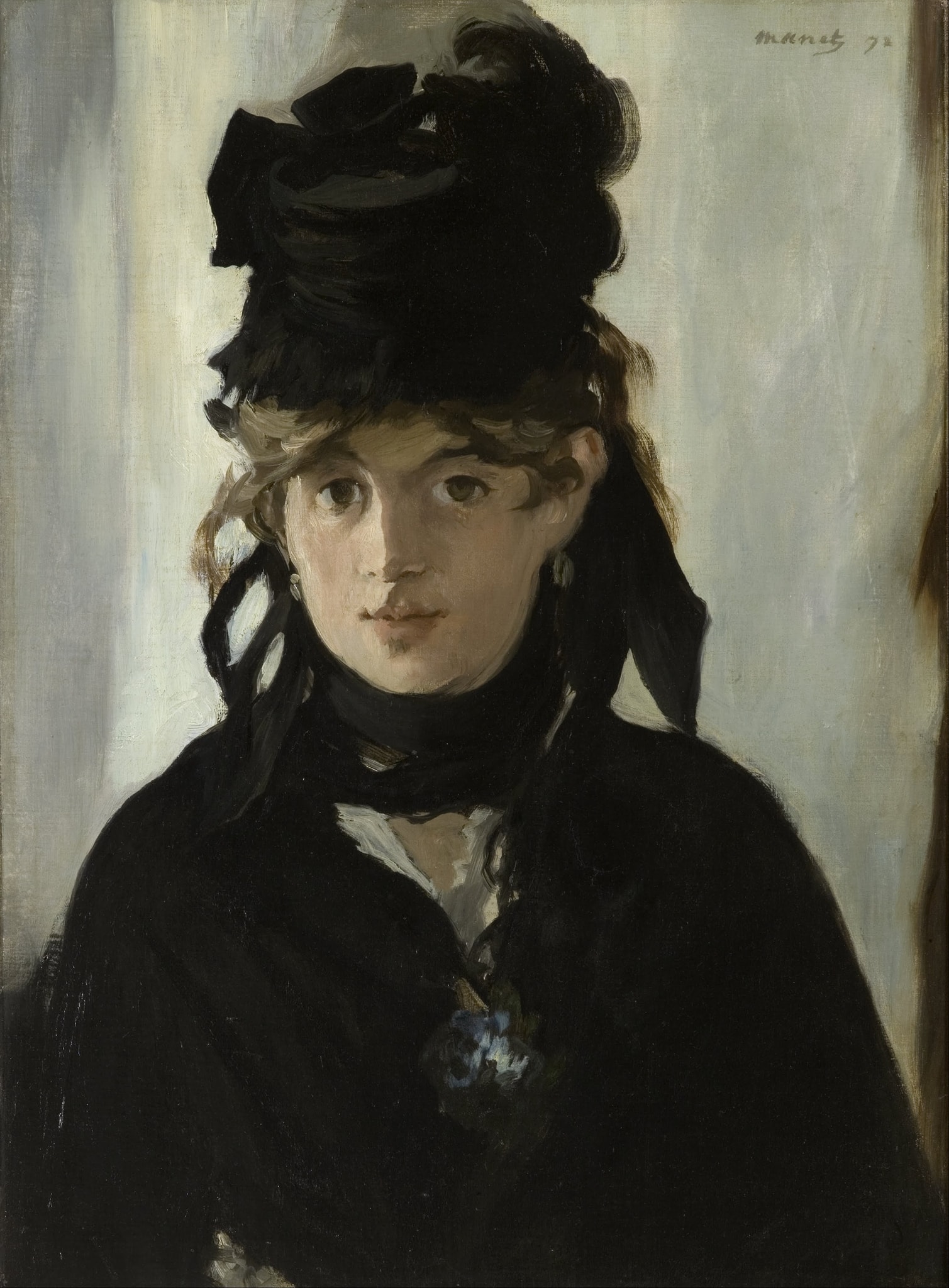 Berthe Morisot with a Bouquet of Violets by Édouard Manet (1872) featuring Bouquet of violets, Symphony of black clothing, Side-light, Deeply black eyes
