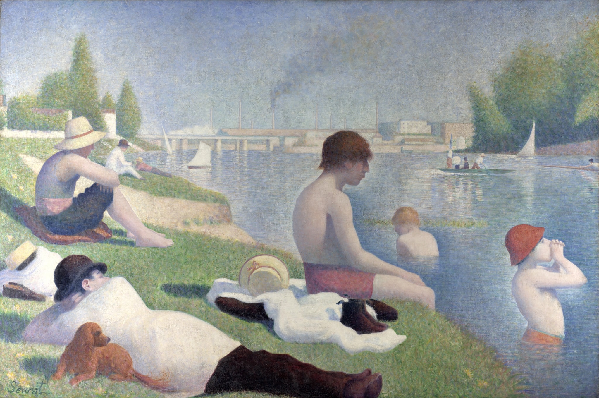 Bathers at Asnières by Georges Seurat (1884) featuring Calling boy with red cap, Factory chimneys and smoke, Bridges (rail and road), Boats (punt with flag, racing scull, sailboats)