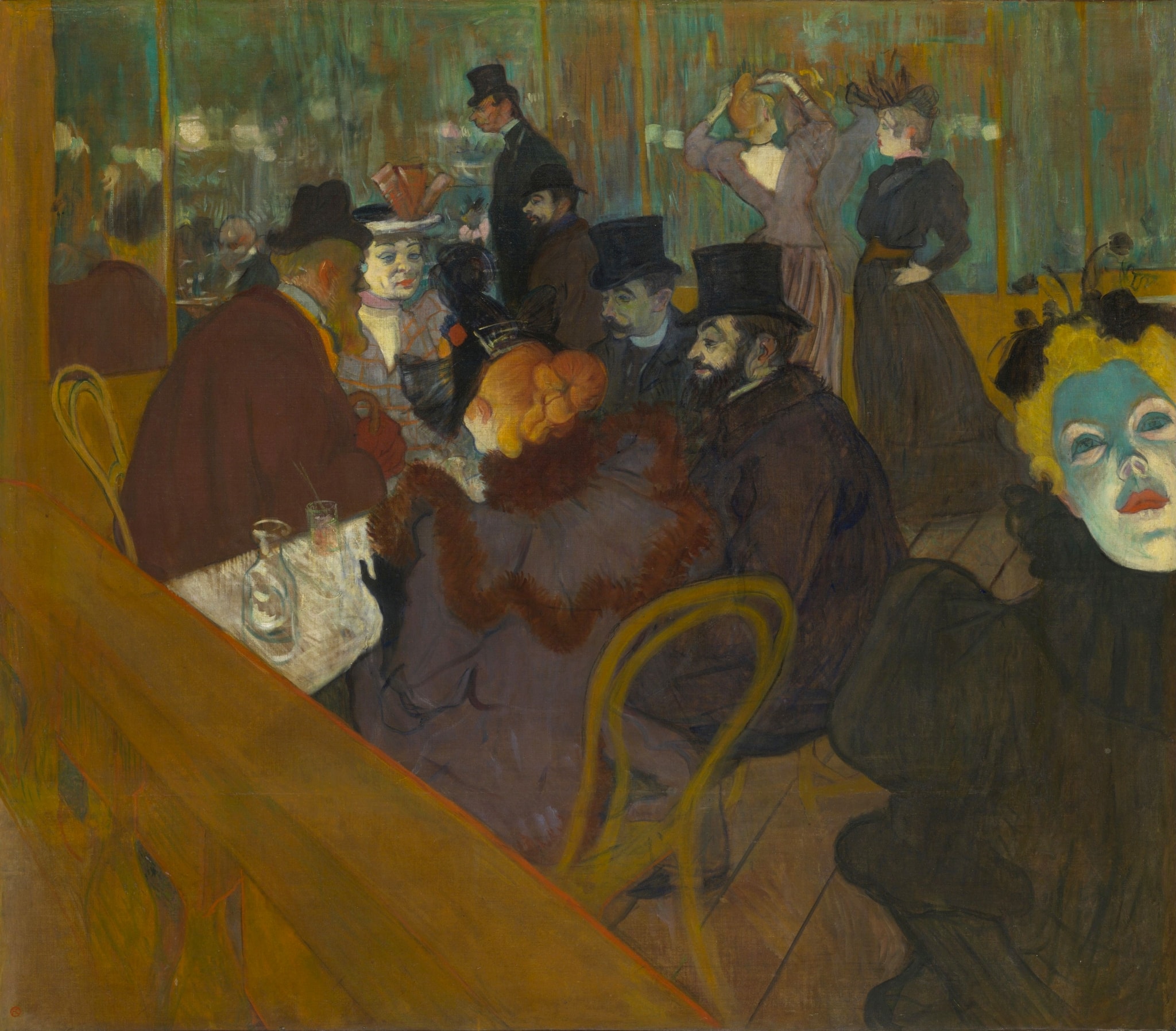 At the Moulin Rouge by Henri de Toulouse-Lautrec (1892–1895) featuring Diagonal banister/rail, Green‑blue, masklike face, Mirrors multiplying the crowd, Carafe and glasses on the table