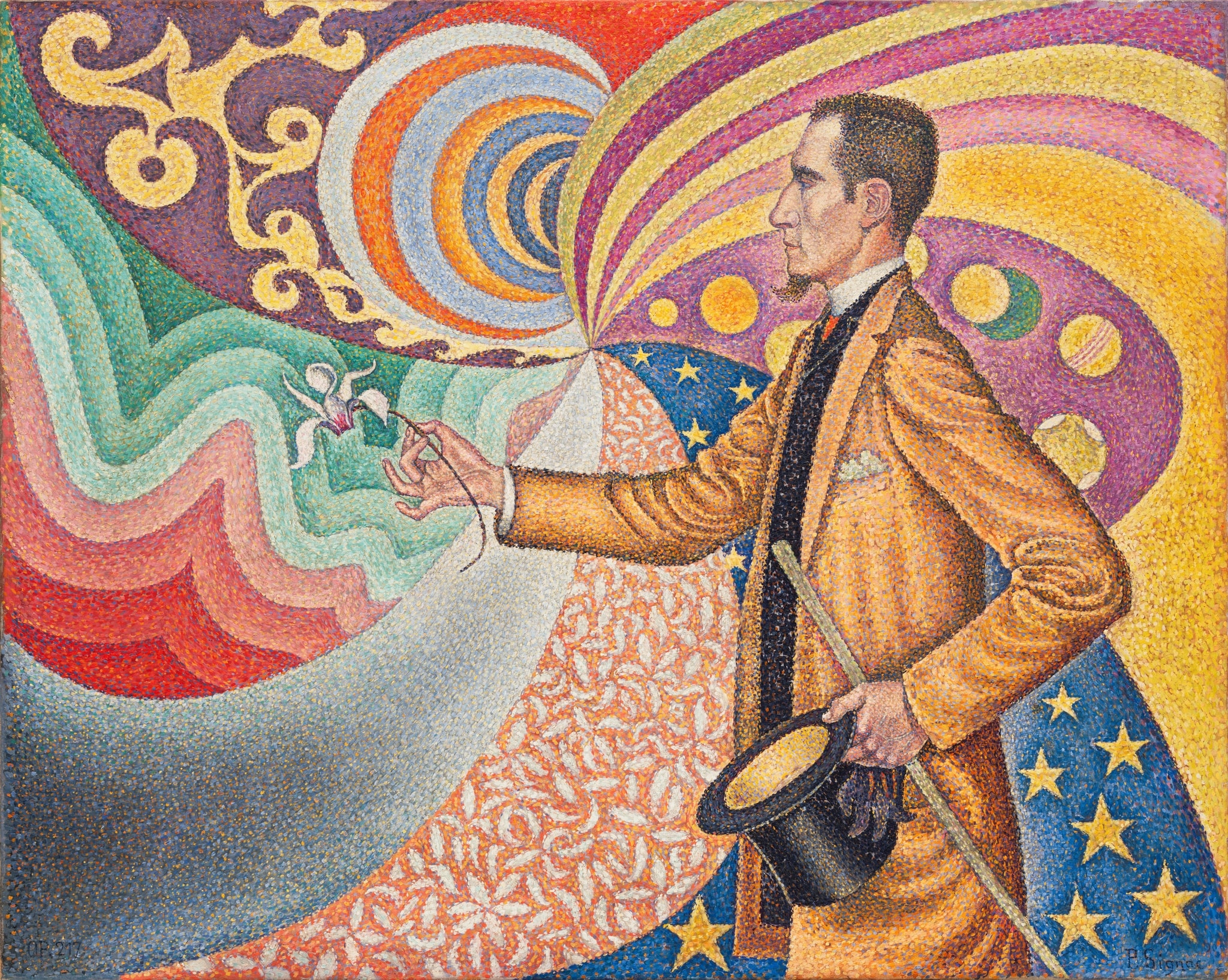 Portrait of Félix Fénéon by Paul Signac (1890) featuring Cyclamen flower, Concentric target/disks, Whiplash arabesque