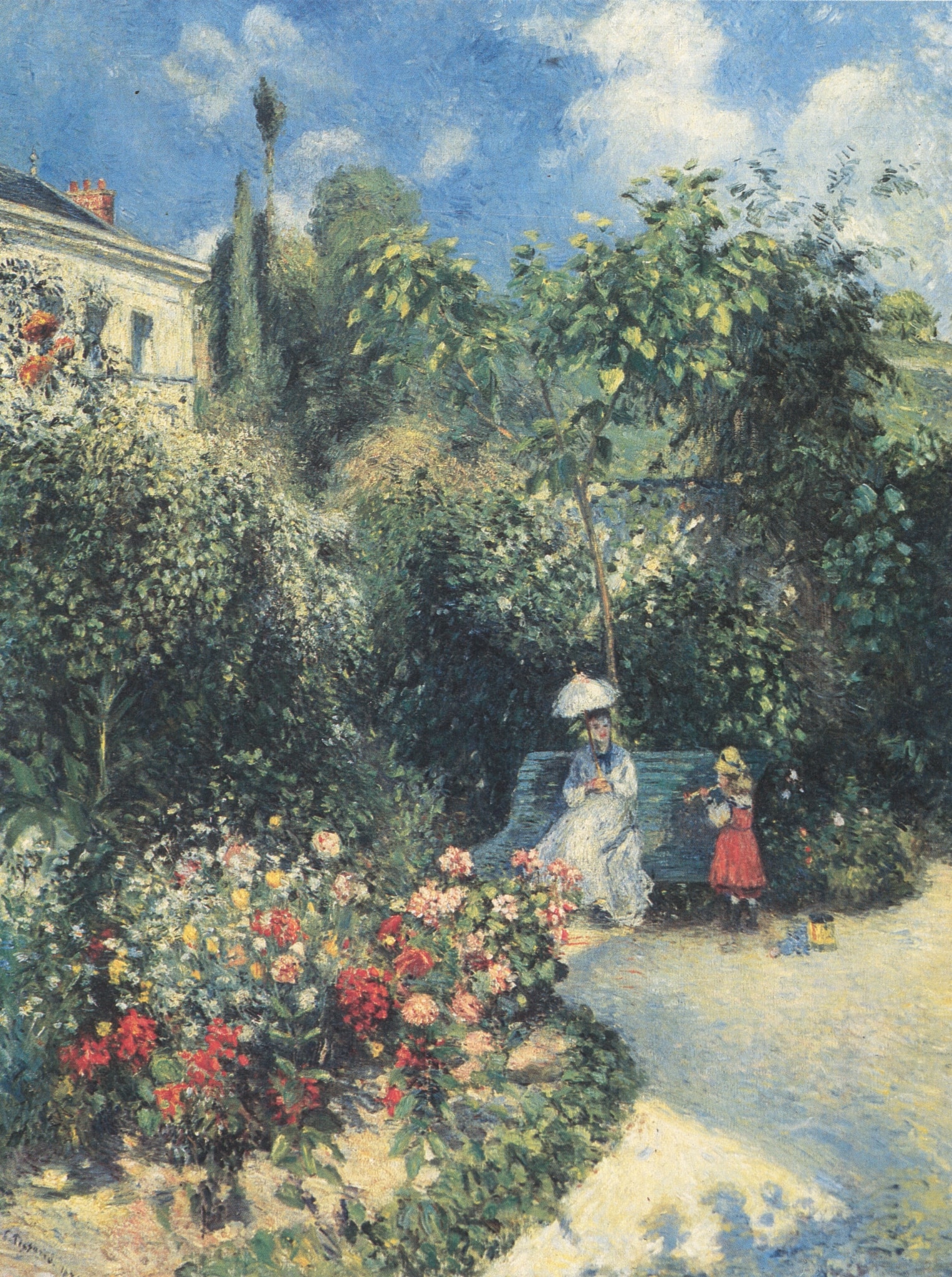 The Garden of Pontoise by Camille Pissarro (1874) featuring White parasol, Child in red skirt, Curving sand path, Ornamental flowerbed