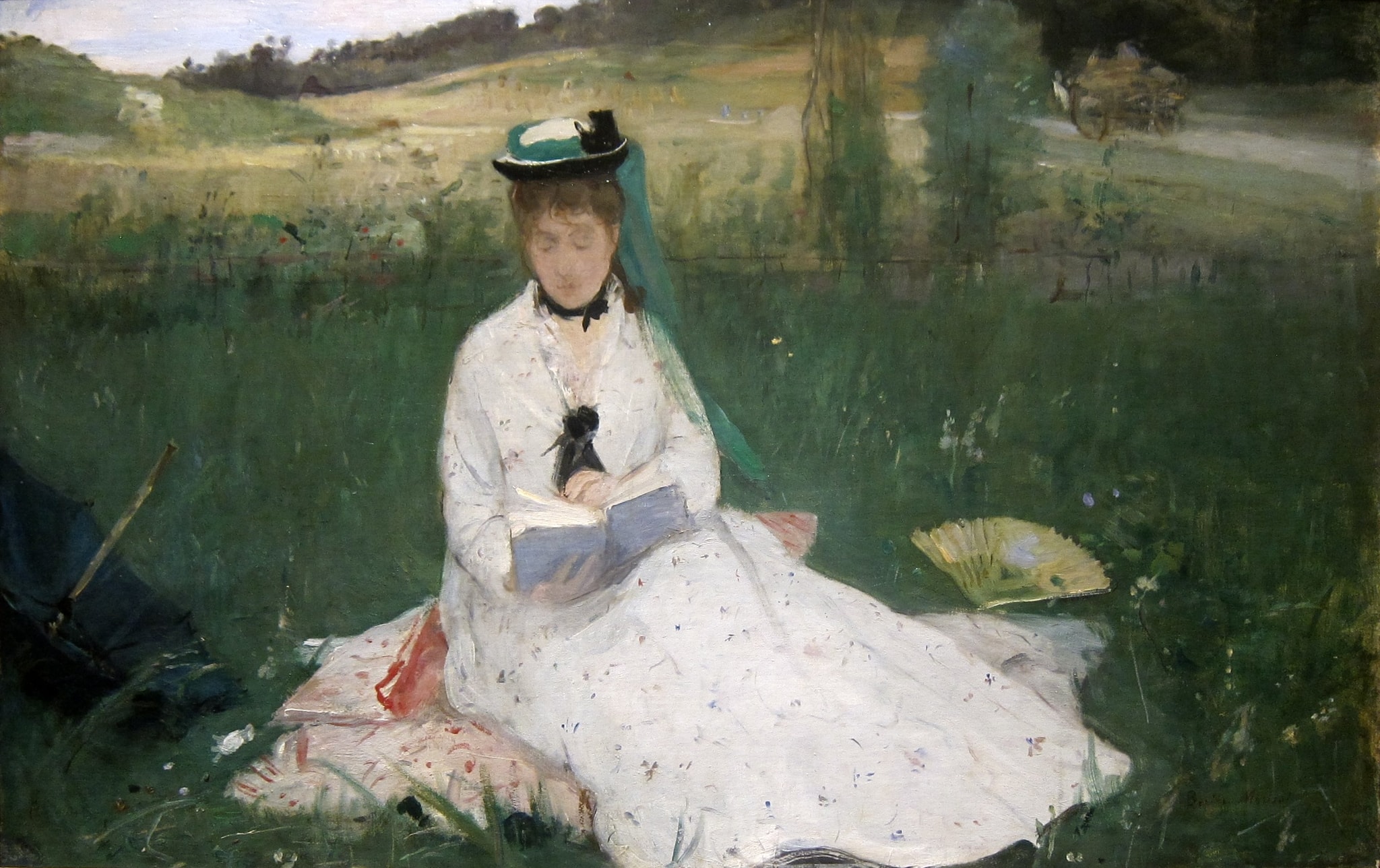 Reading by Berthe Morisot (1873) featuring Book, Green Parasol, Folded fan, White dress catching color