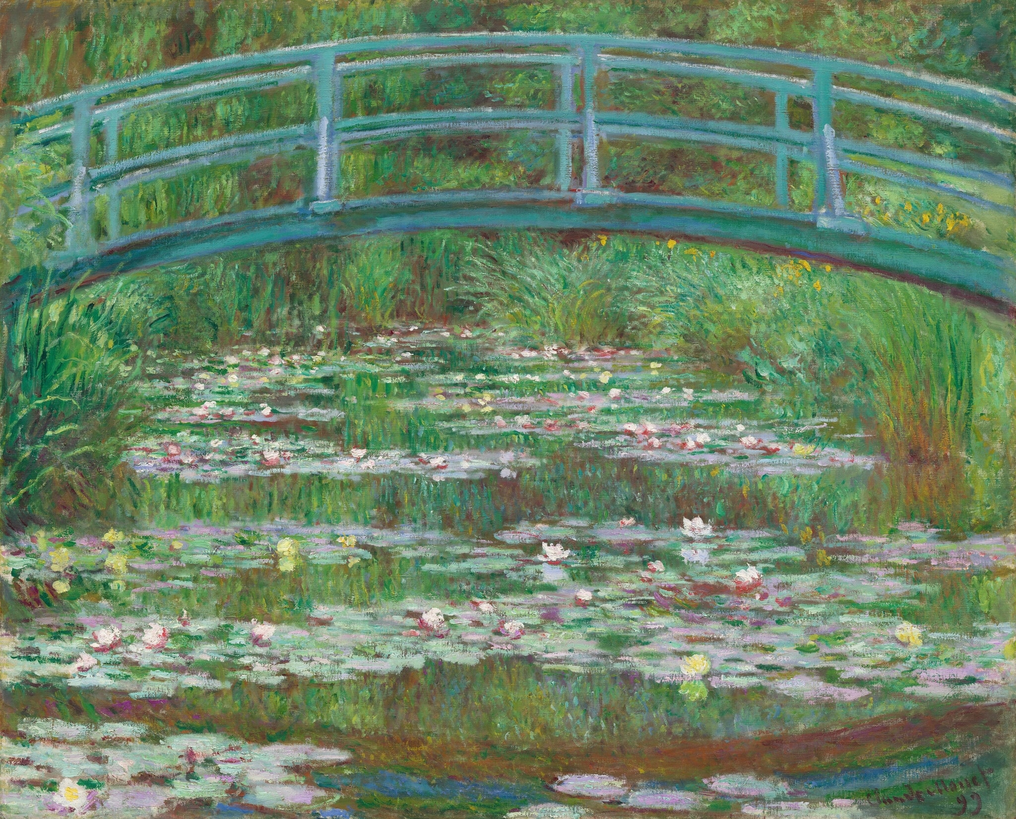 The Japanese Bridge by Claude Monet (1899) featuring Japanese bridge (blue‑green arch), Water Lilies and Blossoms, Reflections on the water, Enclosing greenery (grasses and drooping foliage)