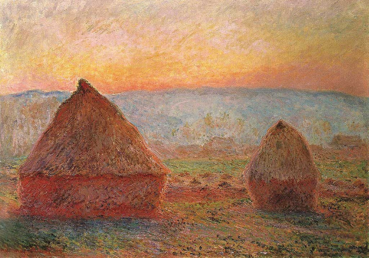 Haystack, Sunset by Claude Monet (1891) featuring Grainstacks (conical mounds), Sunset corona, Blue‑violet hills (atmospheric veil), Violet‑red shadow skirts