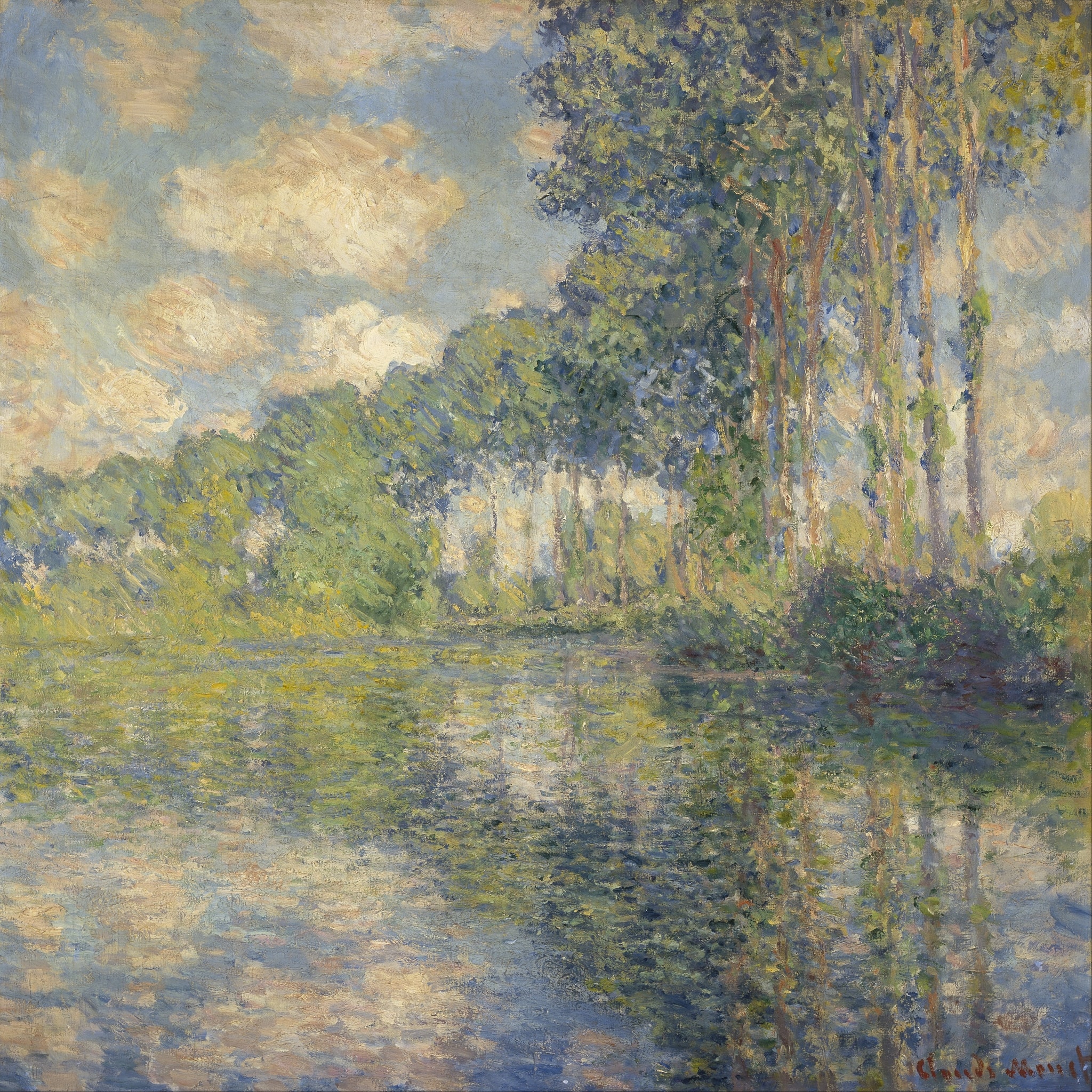 Poplars on the Epte by Claude Monet (1891) featuring Poplar trunks (vertical columns), River reflections, Slanted shoreline / river bend, Sunlit sky and cloud gaps