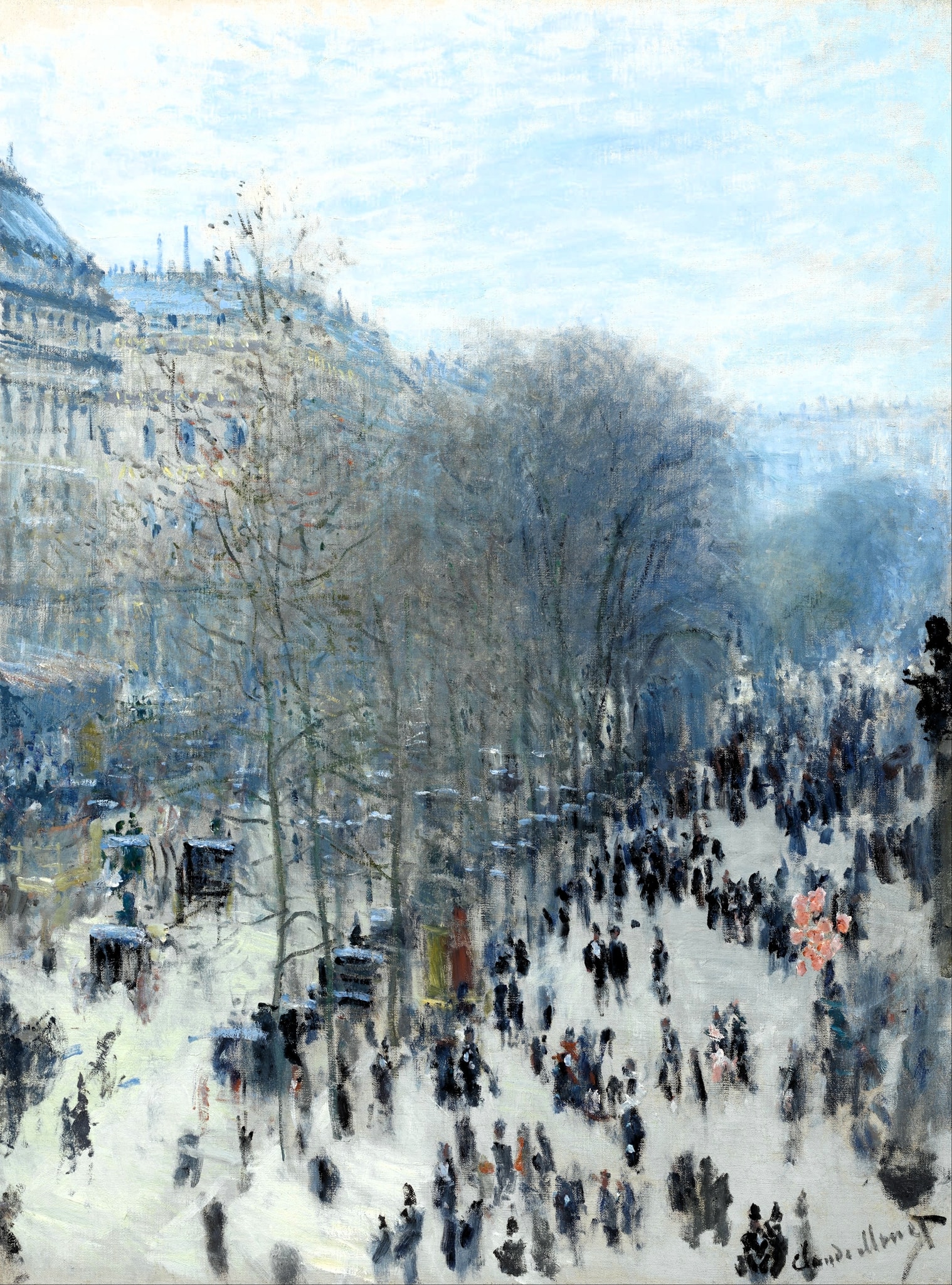 Boulevard des Capucines by Claude Monet (1873–1874) featuring Pink balloons, Morris column (advertising kiosk), Leafless winter trees, Crowd of black-clad pedestrians