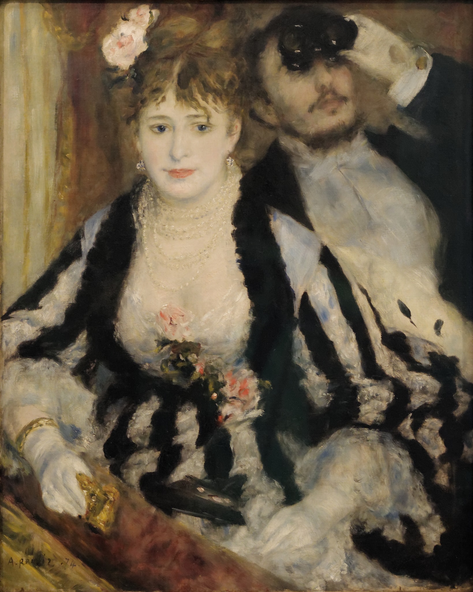 The Theater Box by Pierre-Auguste Renoir (1874) featuring Raised opera glasses (binoculars), Idle opera glasses (lorgnette), Closed fan, Pearls and earrings
