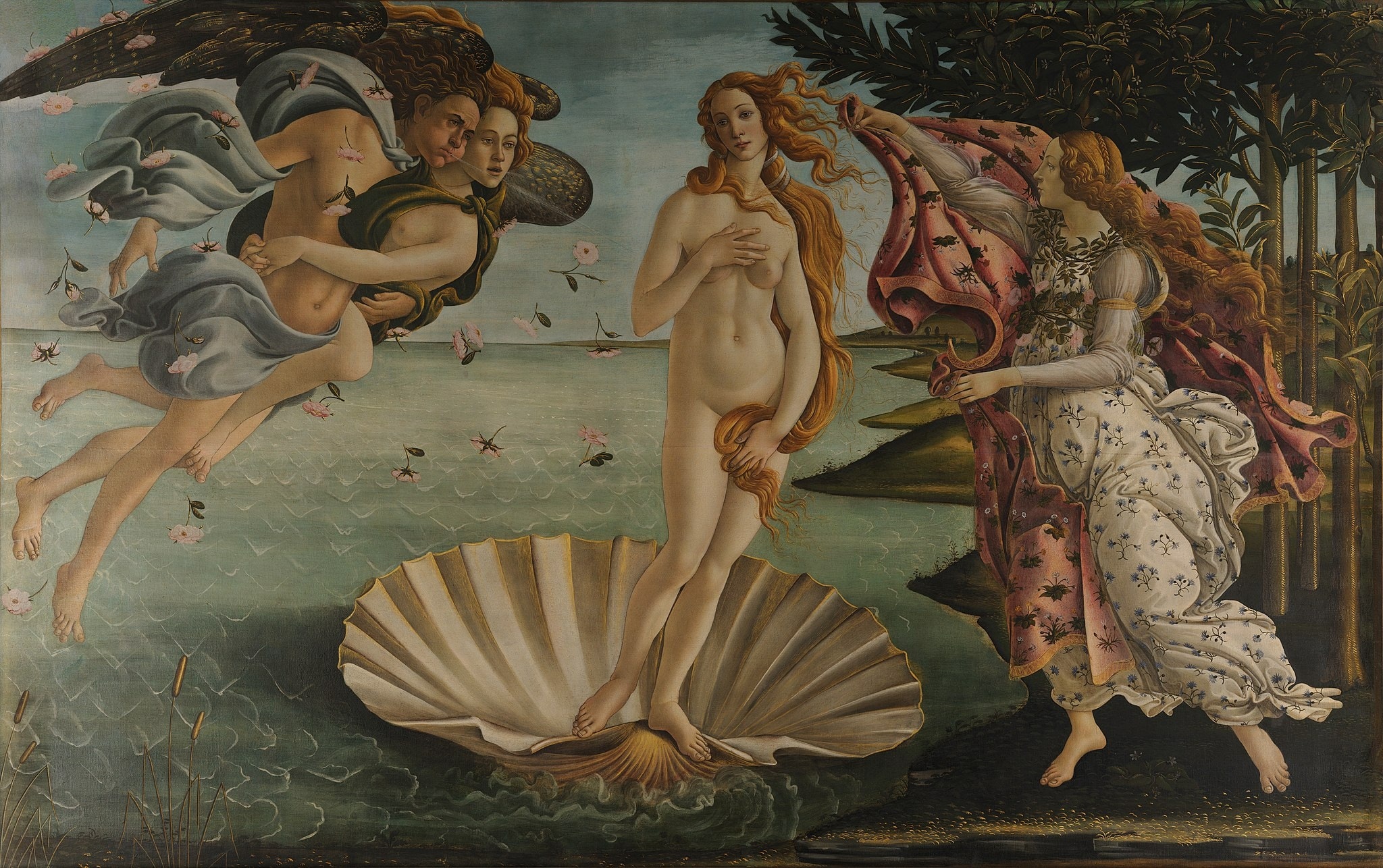 The Birth of Venus by Sandro Botticelli (c. 1484–1486) featuring Scallop shell, Intertwined winds (Zephyrus with Aura/Chloris), Roses scattered on the air and water, Flowered mantle