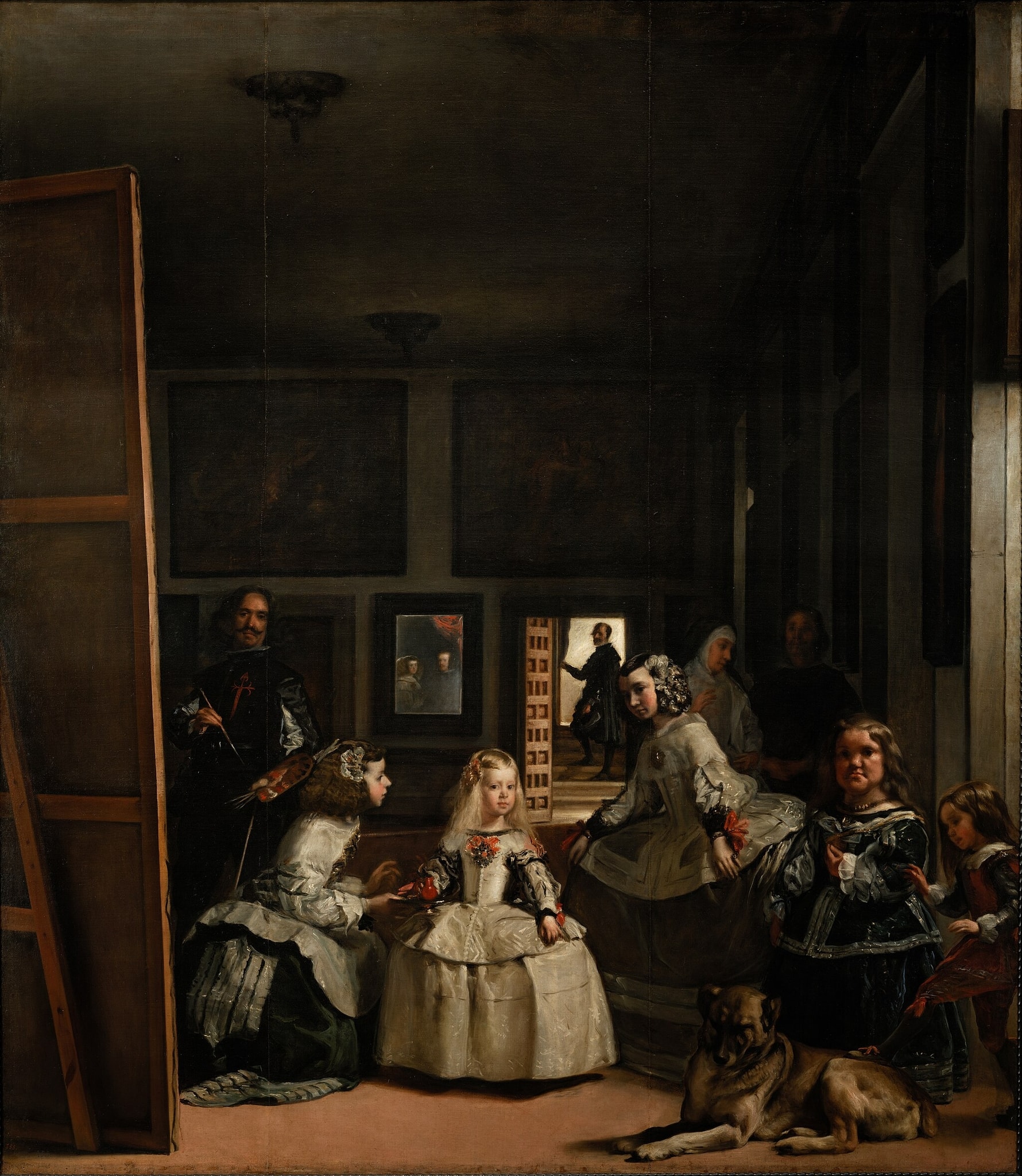 Las Meninas by Diego Velazquez (1656) featuring Reverse of the giant canvas/easel, Wall mirror with royal reflections, Open doorway and figure in light, Order of Santiago cross
