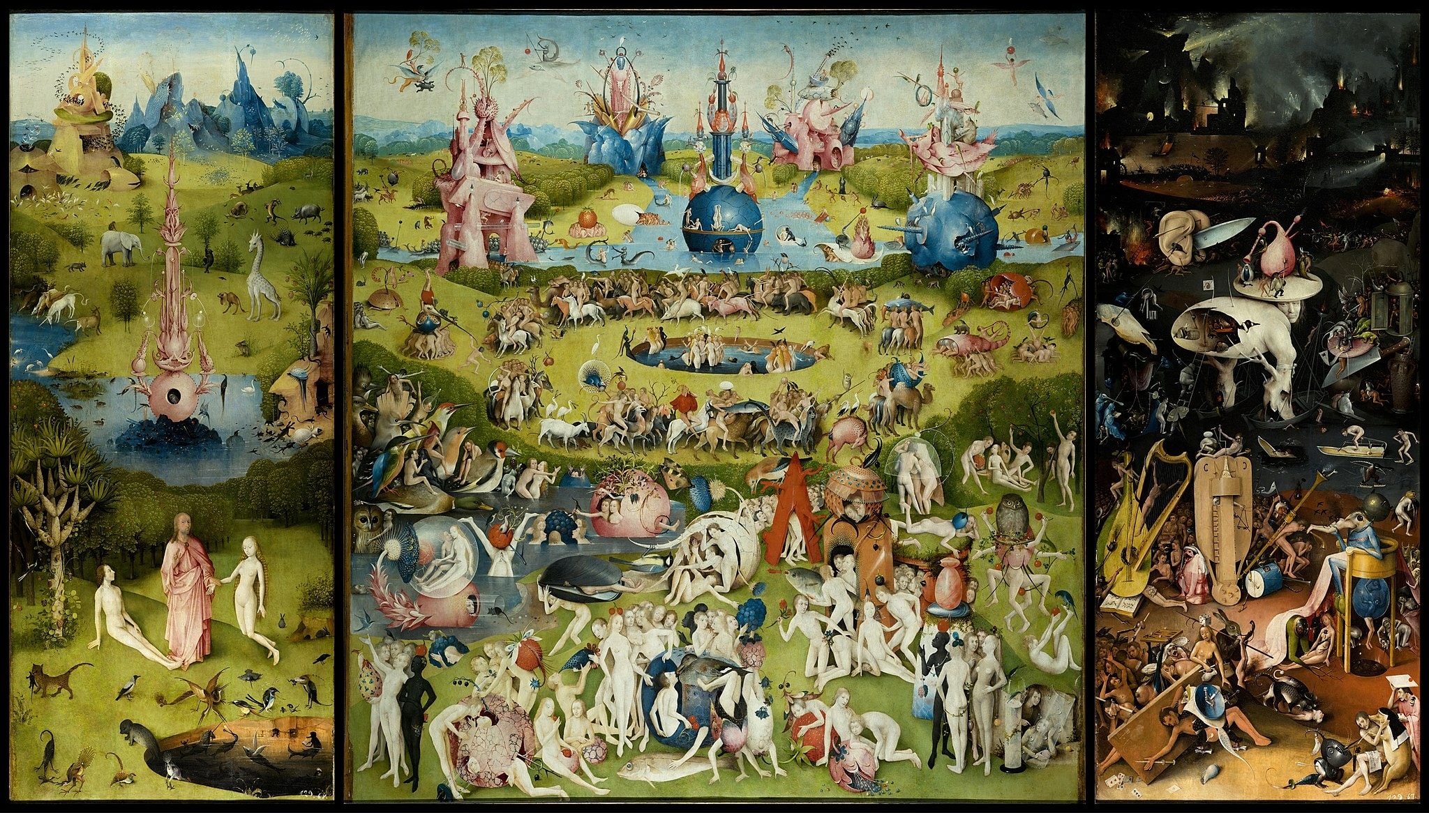 The Garden of Earthly Delights by Hieronymus Bosch (c.1490–1500) featuring Owl, Edenic Fountain/Crystal Tower, Oversized Fruit (strawberries, cherries, berries), Glassy Bubbles and Shells