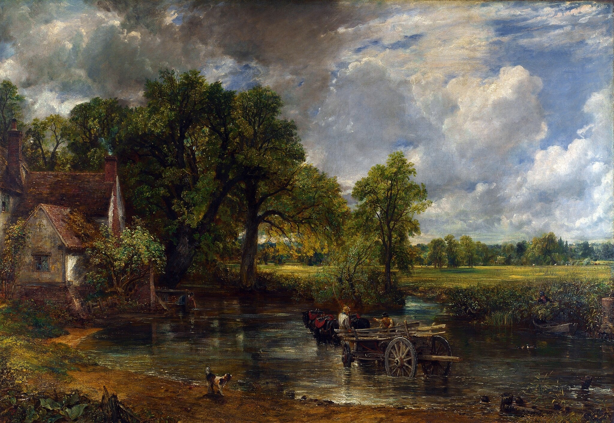 The Hay Wain by John Constable (1821) featuring Empty timber cart (the ‘wain’), Team of three horses with red tack, River ford and mirrored water, Willy Lott’s cottage with chimney smoke