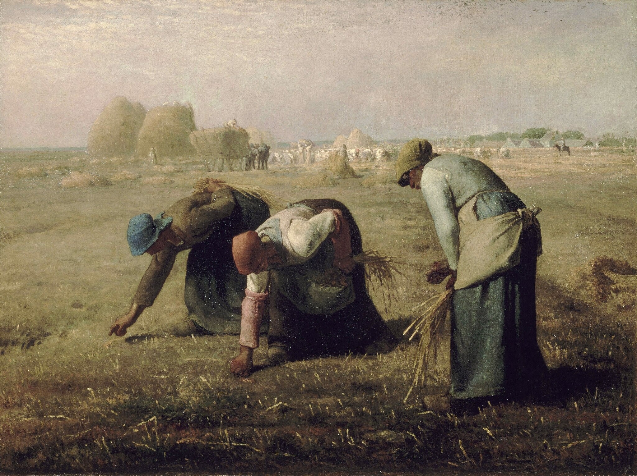 The Gleaners by Jean-Francois Millet (1857) featuring Triad of gleaners, Leftover stalks and stubble, Haystacks and loaded wagons, Overseer on horseback