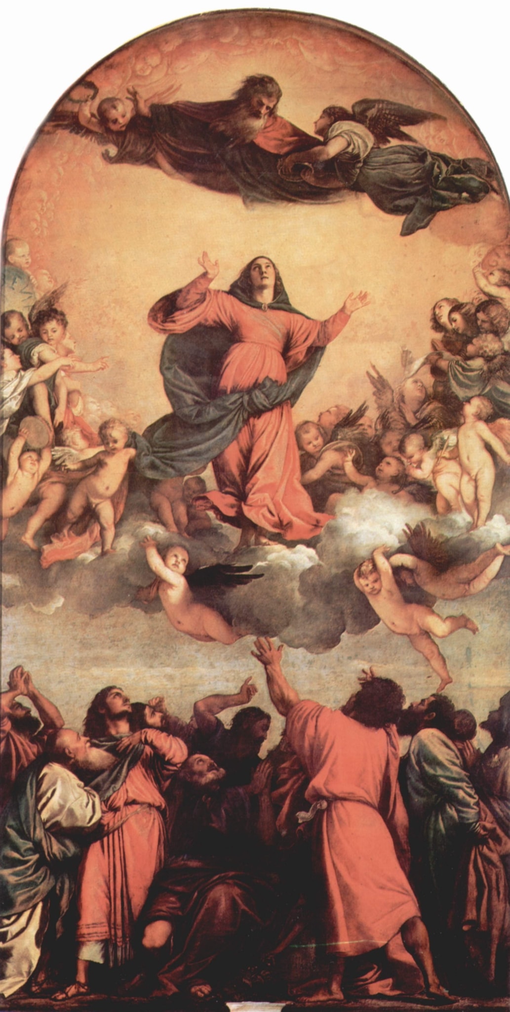 The Assumption of the Virgin by Titian (1516–1518) featuring Mary’s red robe and blue mantle, Orant gesture (open, upraised hands), Angelic putti forming a cloud-vortex, God the Father with outstretched arms