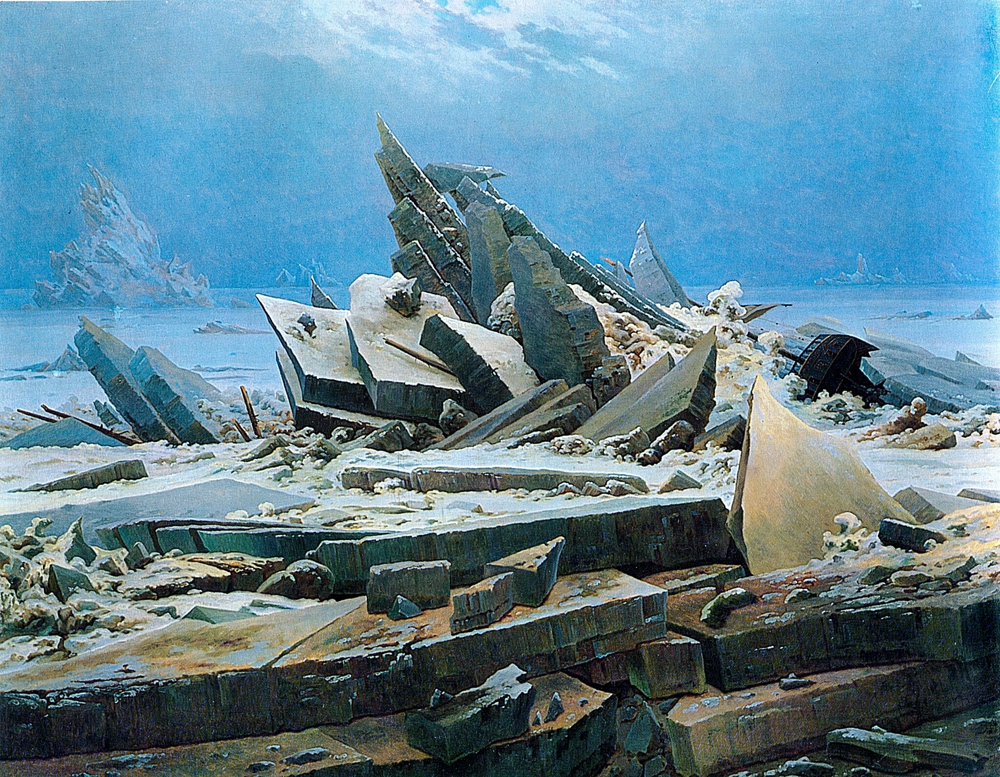 The Sea of Ice by Caspar David Friedrich (1823–1824) featuring Pyramidal heap of jagged ice, Spire-like shards/obelisks, Wrecked ship’s stern and ribs, Broken masts and timbers