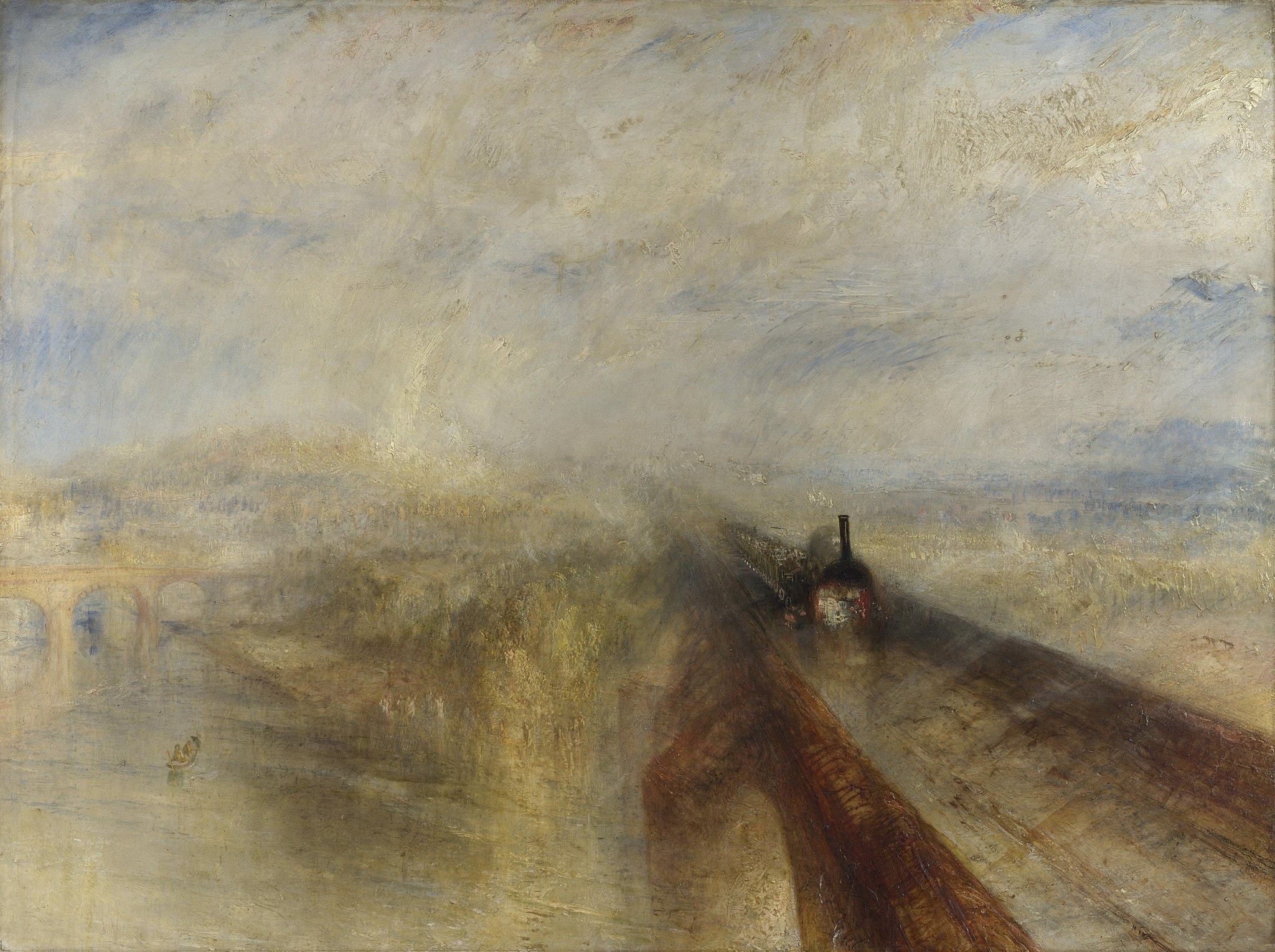 Rain, Steam and Speed by J. M. W. Turner (1844) featuring Locomotive (iron engine), Maidenhead Railway Bridge (diagonal arcade), Rain (diagonal veils across the scene), Steam (puffs from the chimney)