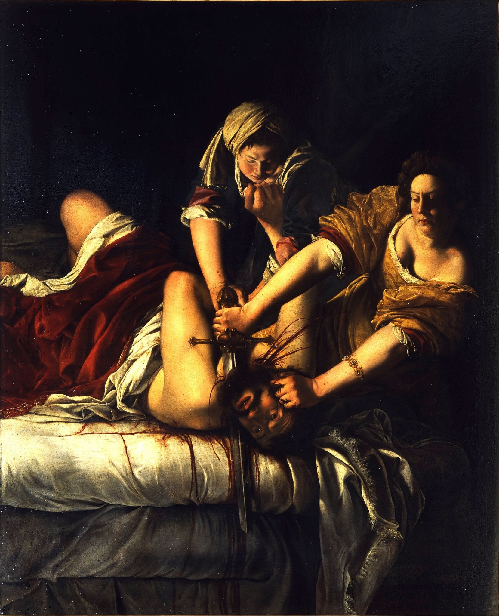 Judith Slaying Holofernes by Artemisia Gentileschi (c. 1612–13) featuring Sword, White Linen Sheets Stained with Blood, Red Drapery, Interlocked Female Hands and Straining Forearms