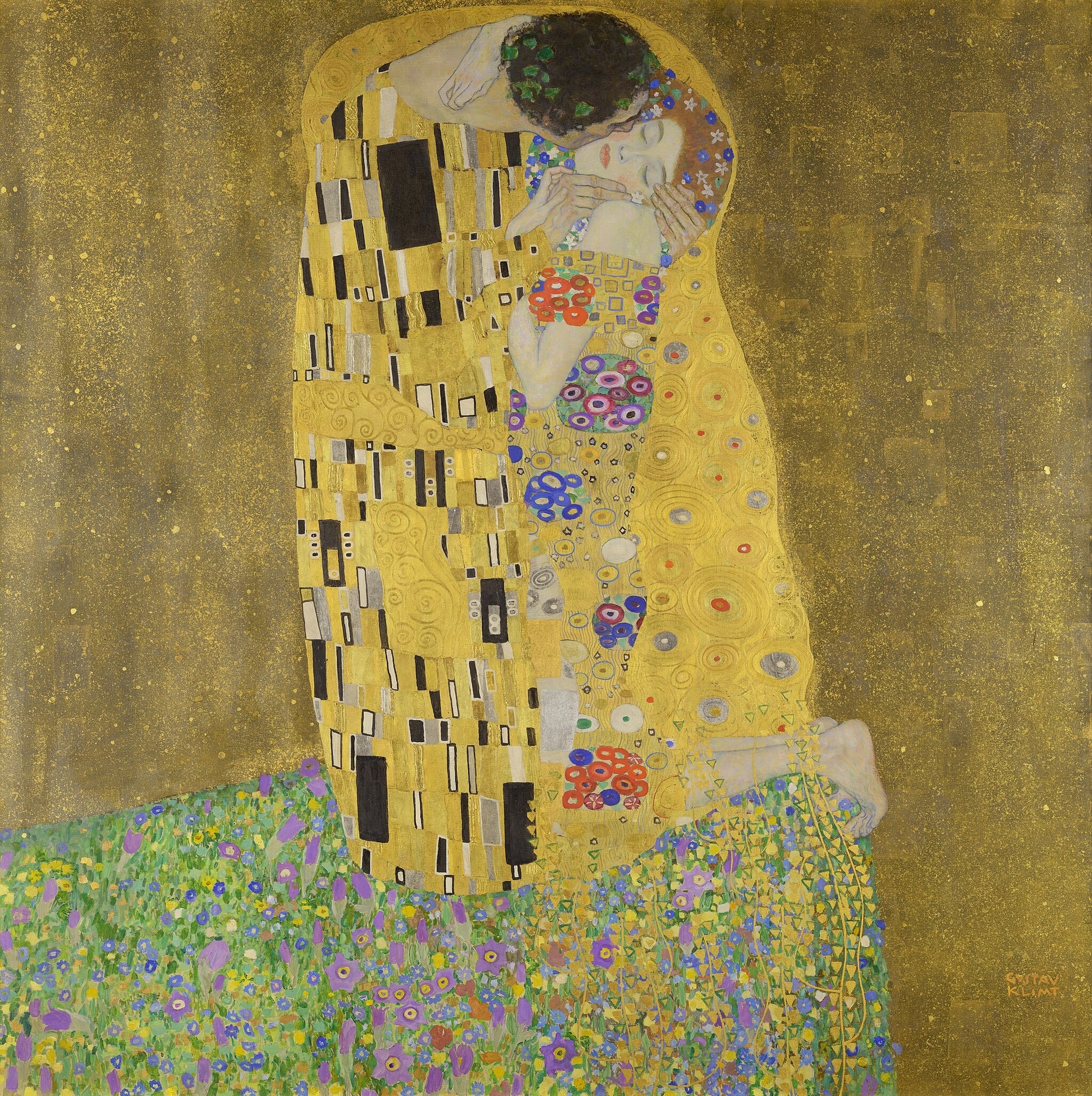 The Kiss (Lovers) by Gustav Klimt (1907–08 (completed 1909)) featuring Gold aureole/background, Rectangles and bars on the man’s mantle, Spirals, circles, and rosettes on the woman’s robe, Floral meadow/carpet
