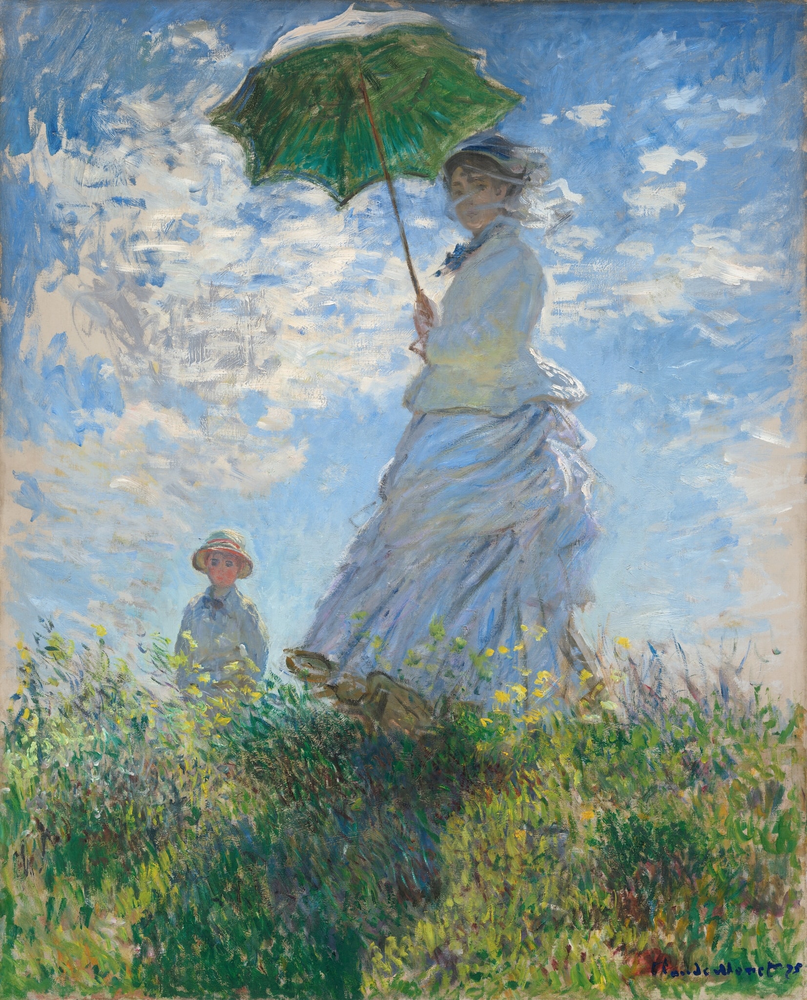 Click numbered symbols to learn about their meaning Woman with a Parasol by Claude Monet (1875) featuring Green Parasol, Wind‑blown Scarf and Skirt, Vast Sky with Broken Clouds, Child on the Slope