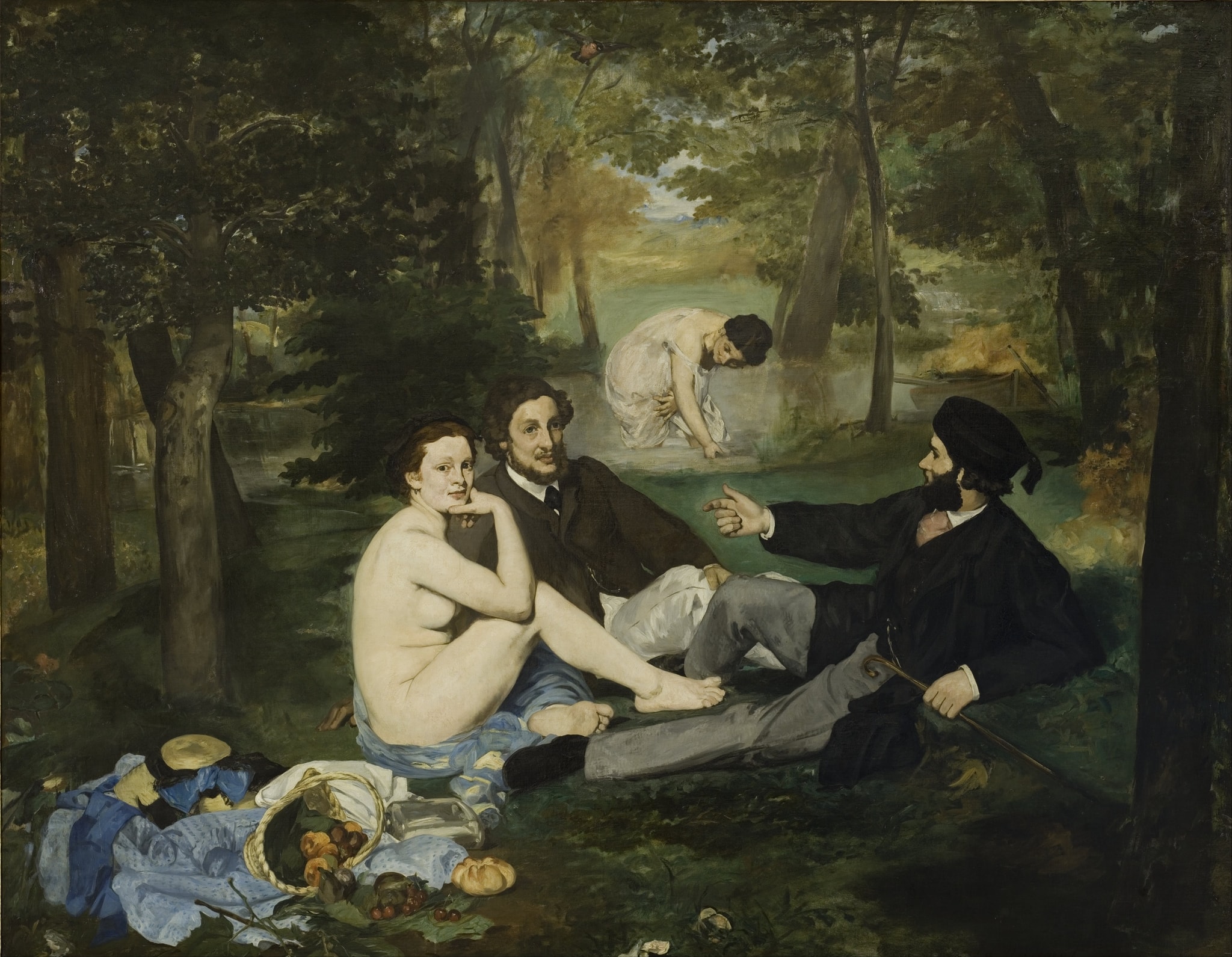 Click numbered symbols to learn about their meaning Luncheon on the Grass by Édouard Manet (1863) featuring Direct gaze of the nude, Discarded clothing and hat, Overturned picnic basket with fruit and bread, Pointing gesture and cane