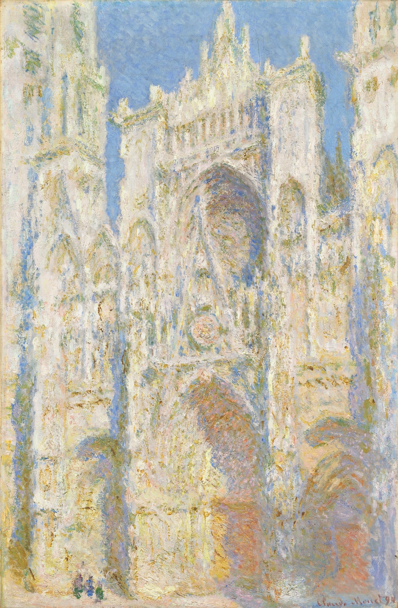 Click numbered symbols to learn about their meaning Rouen Cathedral Series by Claude Monet (1894) featuring Rose window (glowing orange disc), Central portal/doorway, Upper gable and crenellated silhouette, Blue sky (negative space)