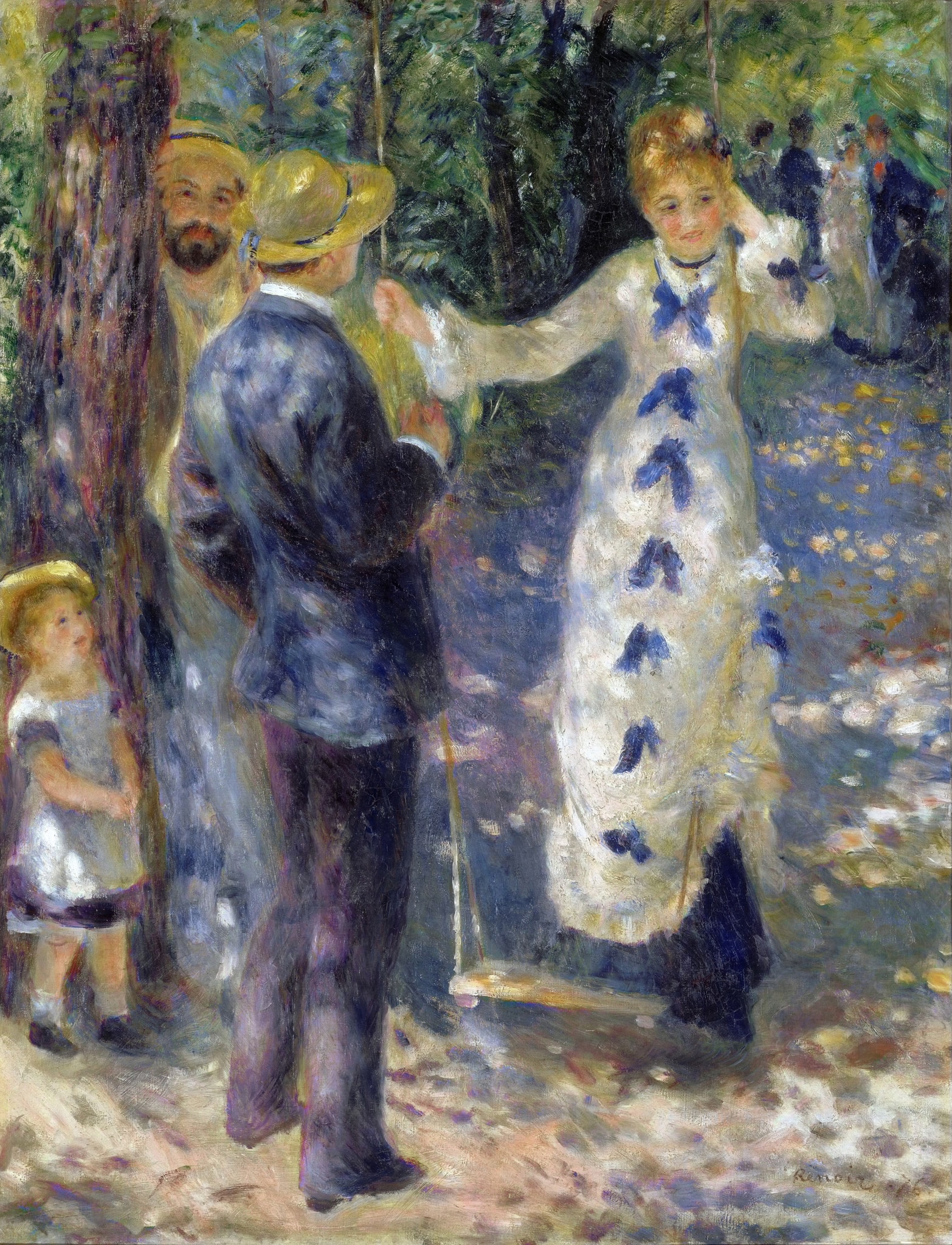 Click numbered symbols to learn about their meaning The Swing by Pierre-Auguste Renoir (1876) featuring The swing, Blue-bowed white dress, Straw boater hat, Dappled light (blue shadows)
