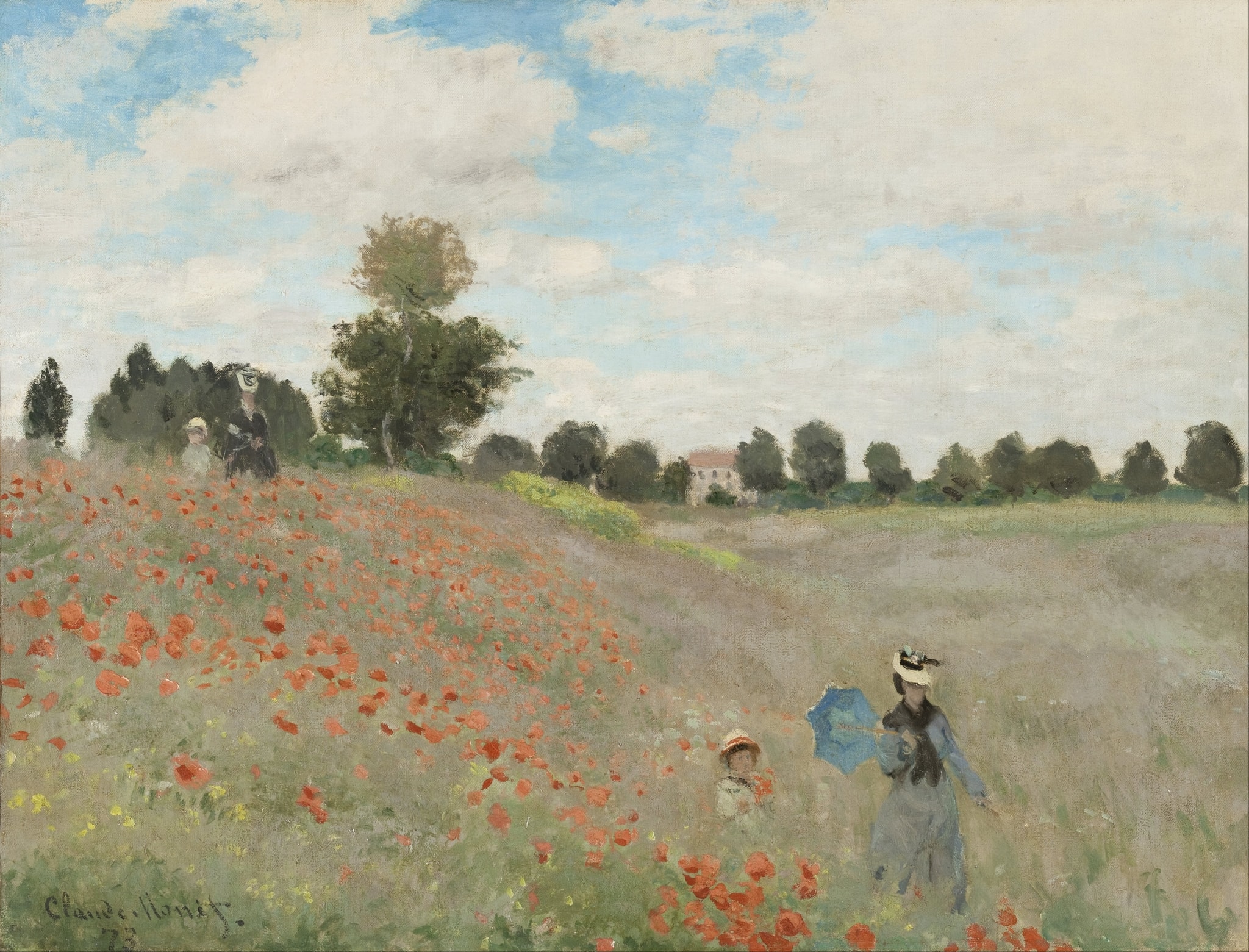 Click numbered symbols to learn about their meaning Poppies by Claude Monet (1873) featuring Red poppies, Blue parasol, Doubled mother-and-child figures, Oblique hillside diagonal