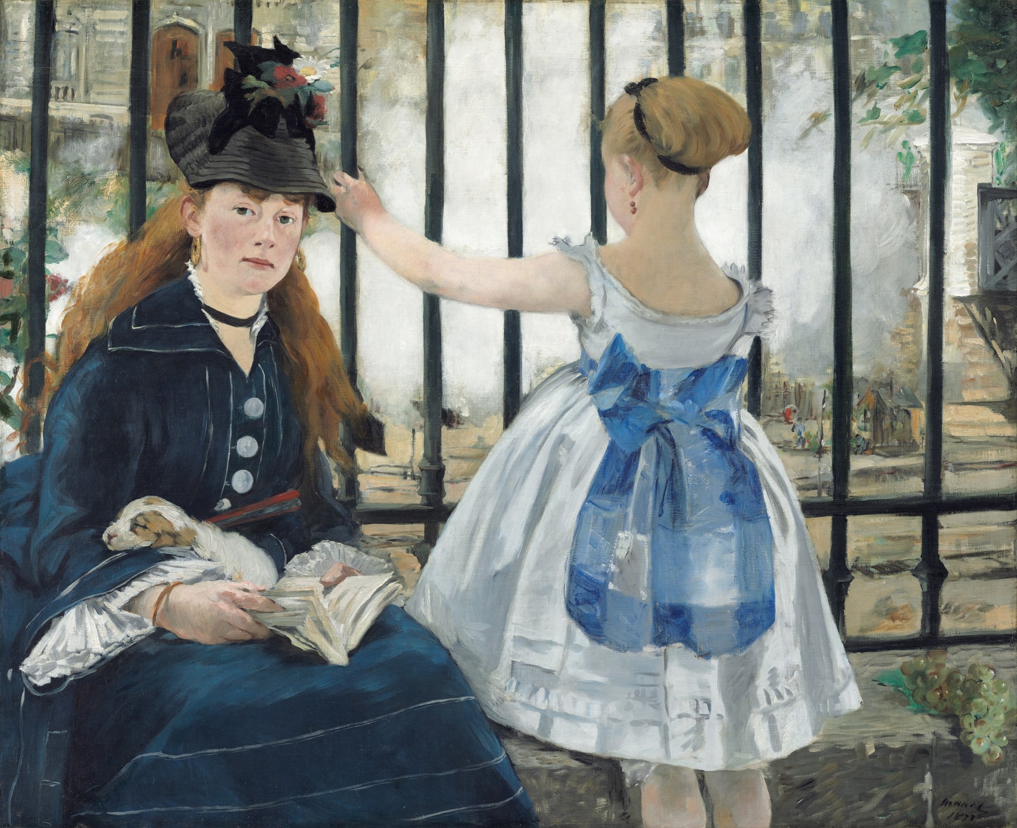 Click numbered symbols to learn about their meaning The Railway by Édouard Manet (1873) featuring Iron fence, Steam from the train, Child’s white dress with blue bow, Open book (finger marking place)