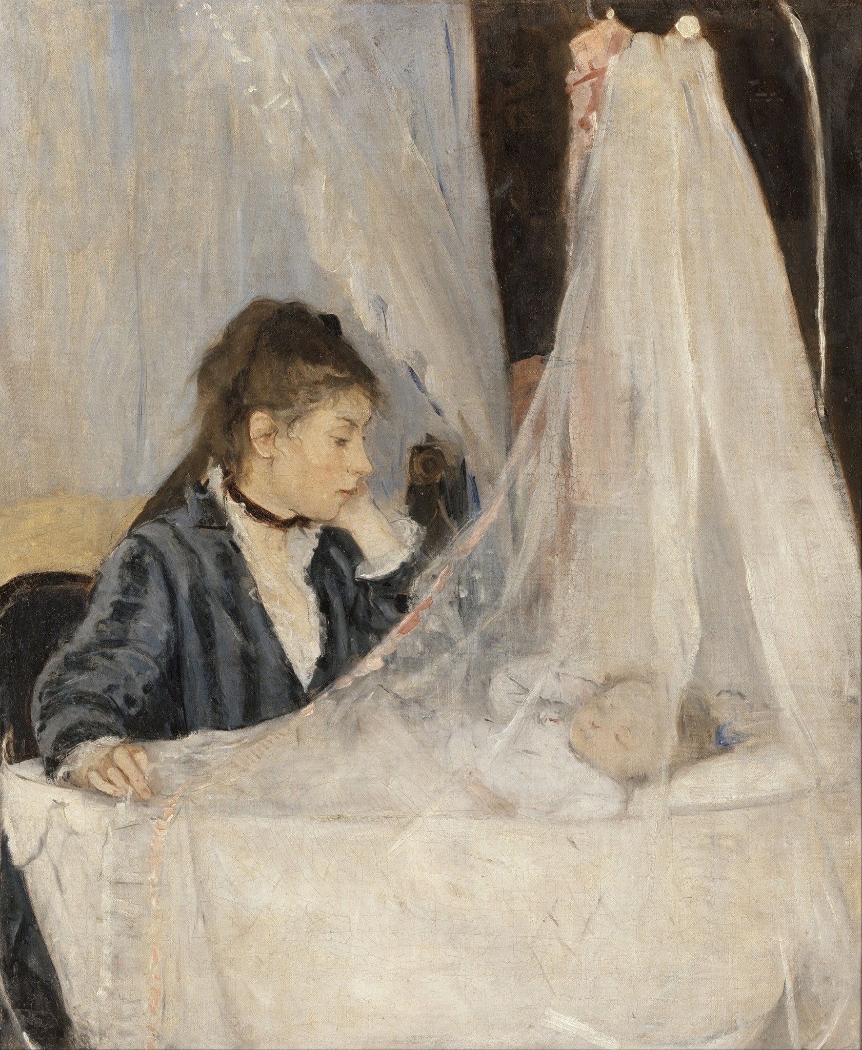 Click numbered symbols to learn about their meaning The Cradle by Berthe Morisot (1872) featuring Veil/Netting Canopy, Pink-Edged Ribbon, Diagonal Axis of Care, Watcher’s Gaze and Propped Head