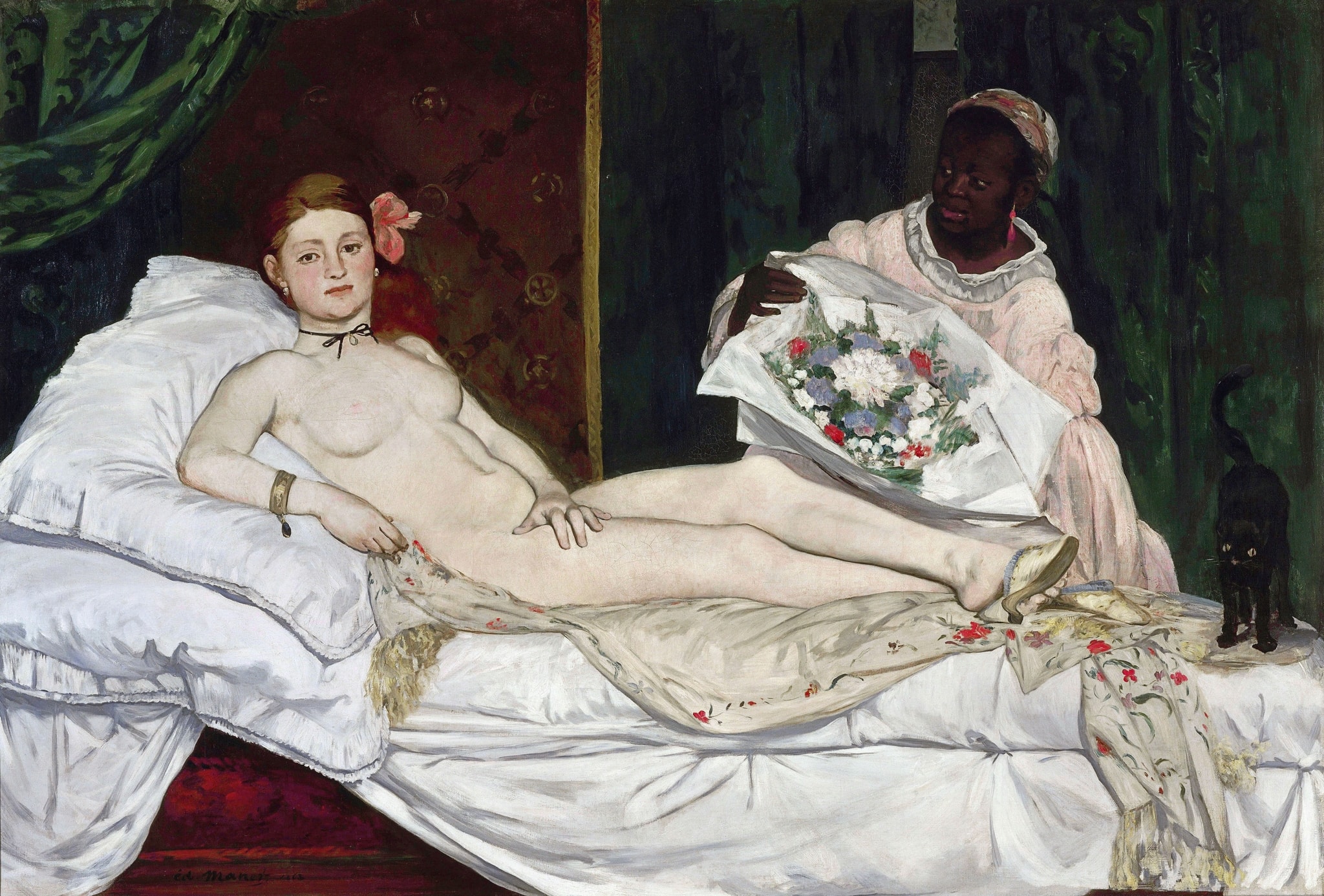 Click numbered symbols to learn about their meaning Olympia by Édouard Manet (1863 (Salon 1865)) featuring Black ribbon choker, Orchid in hair, Guarding hand, Single slipper