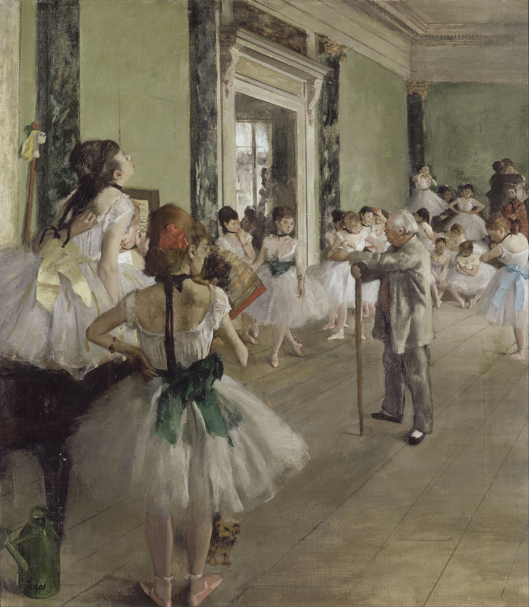 Click numbered symbols to learn about their meaning The Ballet Class by Edgar Degas (1873–1876) featuring Ballet master’s cane, Diagonal floorboards, Watering can, Colored sashes and black chokers