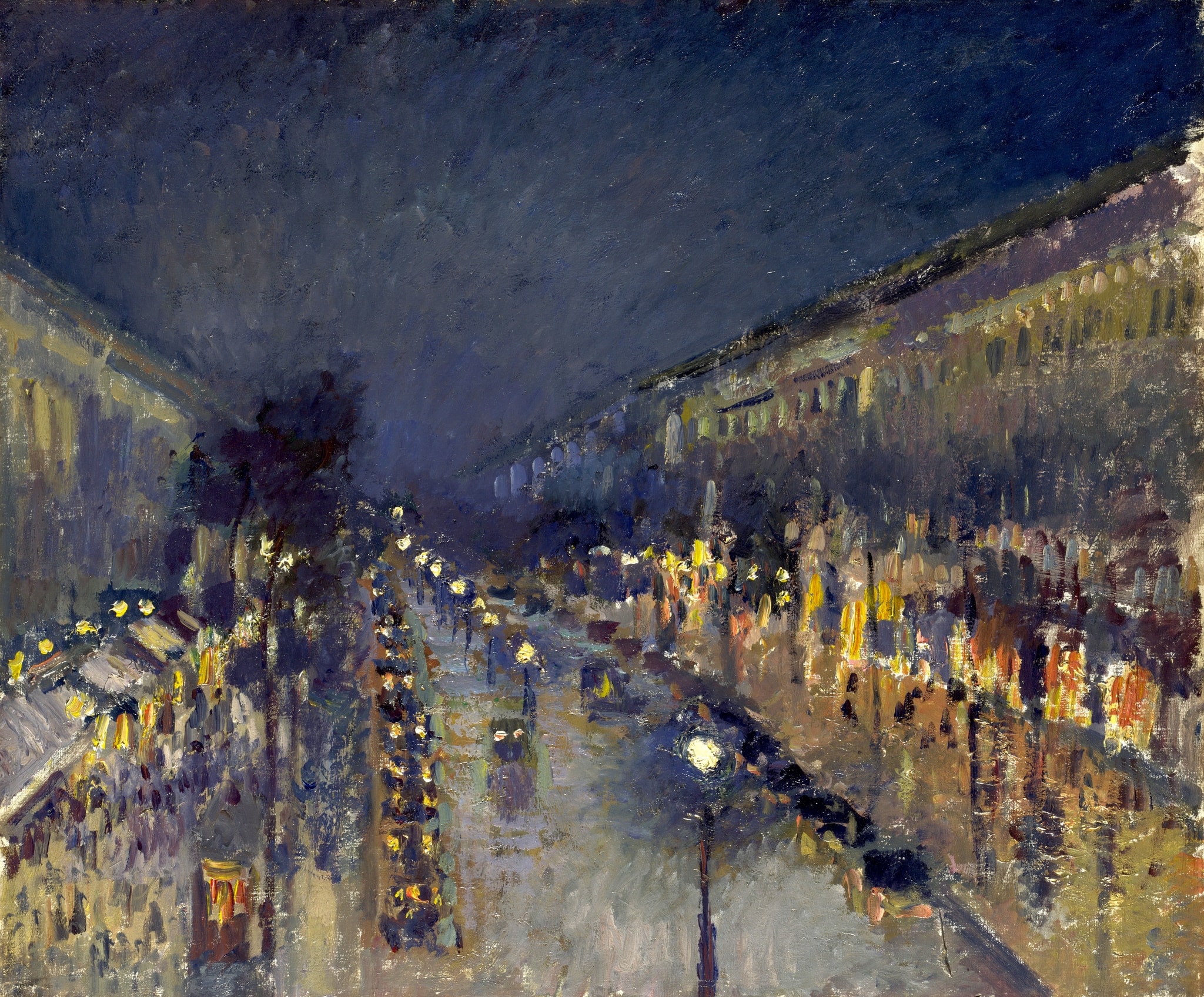 Click numbered symbols to learn about their meaning Boulevard Montmartre at Night by Camille Pissarro (1897) featuring Electric arc lamps, Gaslit shopfronts and windows, Rain-slick reflections, Procession of carriages (cab lights)