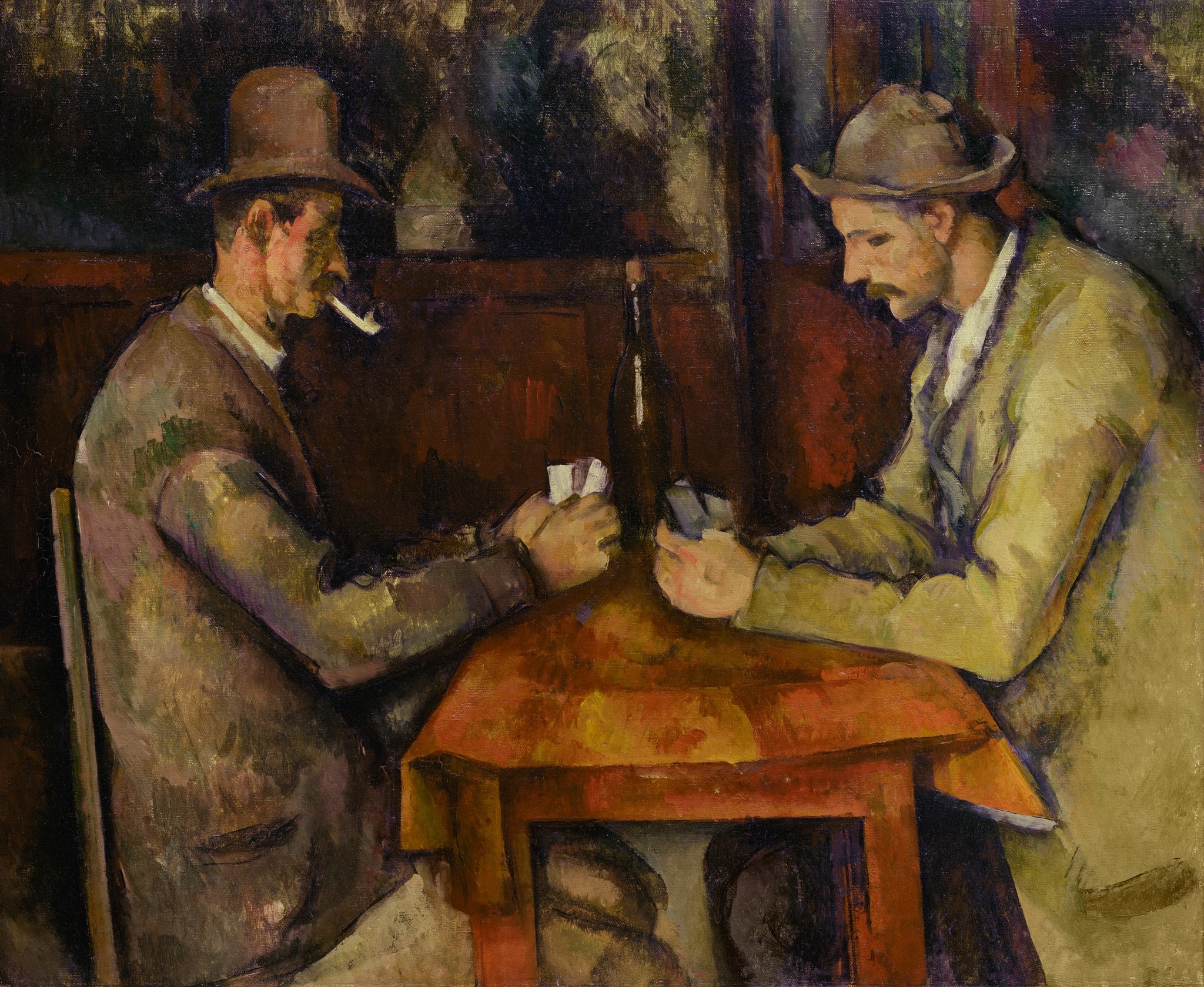Click numbered symbols to learn about their meaning The Card Players by Paul Cézanne | Equilibrium and Form by Paul Cézanne (unknown year) featuring Central bottle (axis), Playing cards, Pipe, Hats