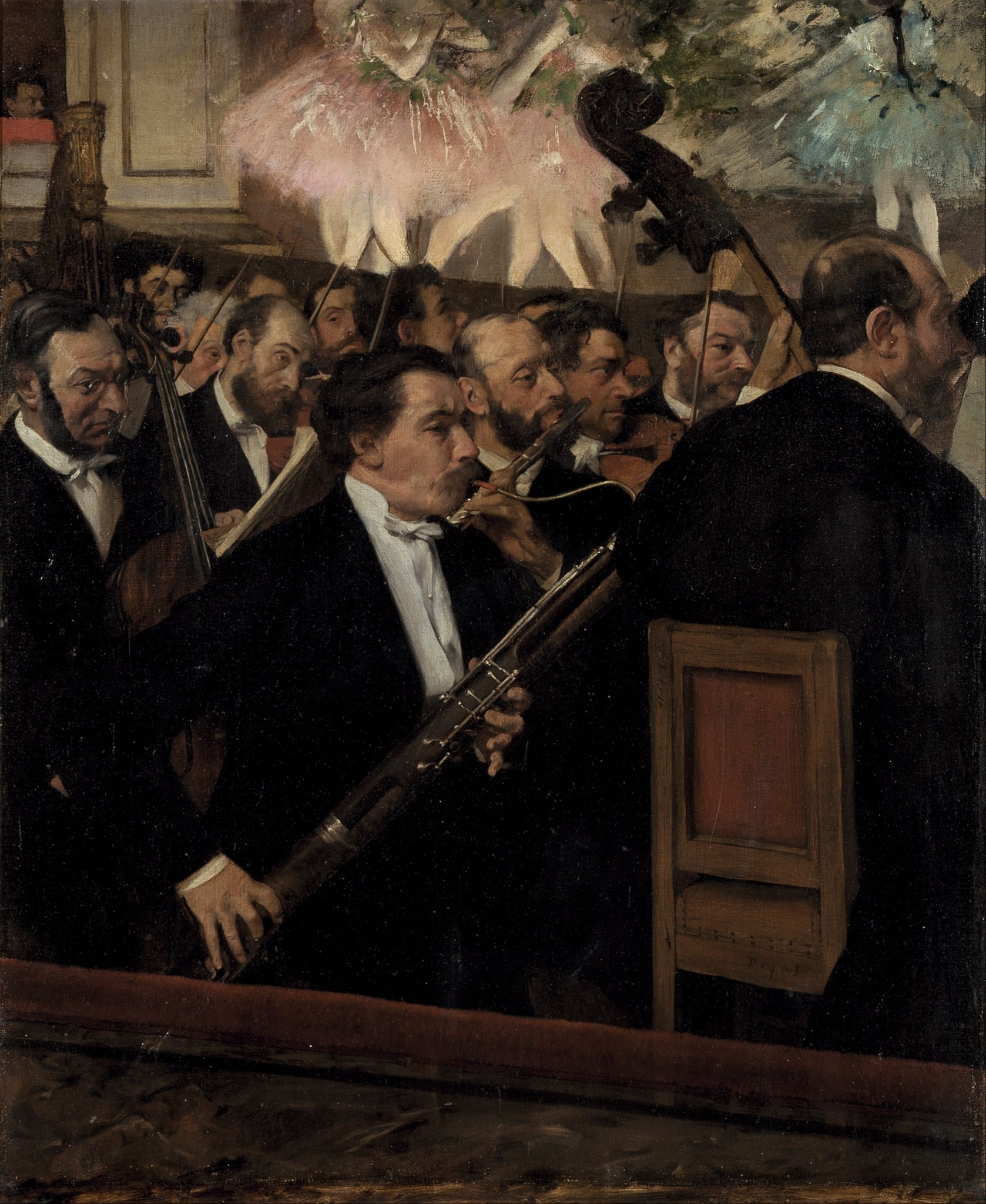 Click numbered symbols to learn about their meaning The Opera Orchestra by Edgar Degas | Analysis by Edgar Degas (unknown year) featuring Bassoon (diagonal foreground instrument), Double bass (vertical hinge), Cropped tutus and legs, Footlight glow on faces and shirtfronts