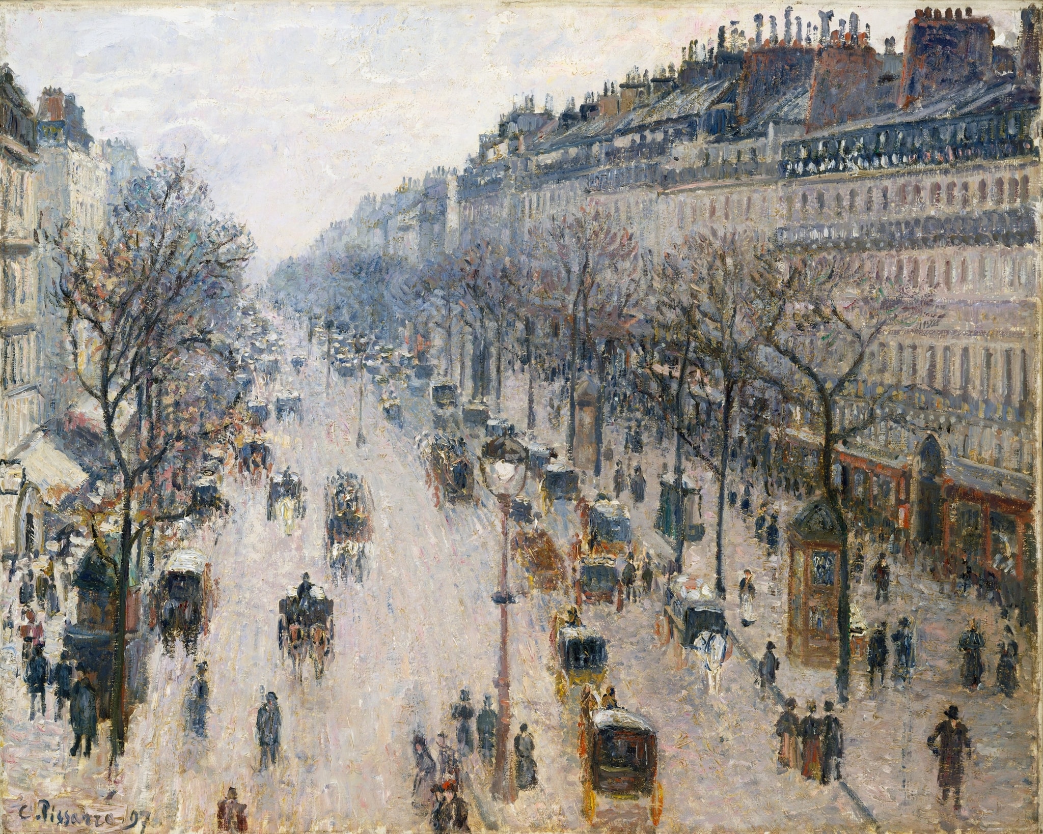 Click numbered symbols to learn about their meaning The Boulevard Montmartre on a Winter Morning by Camille Pissarro (1897) featuring Haussmann Façades (Architectural Scaffold), Regimented Bare Trees, Winter Haze / Pearly Light, Traffic and Pedestrians (Urban Flow)