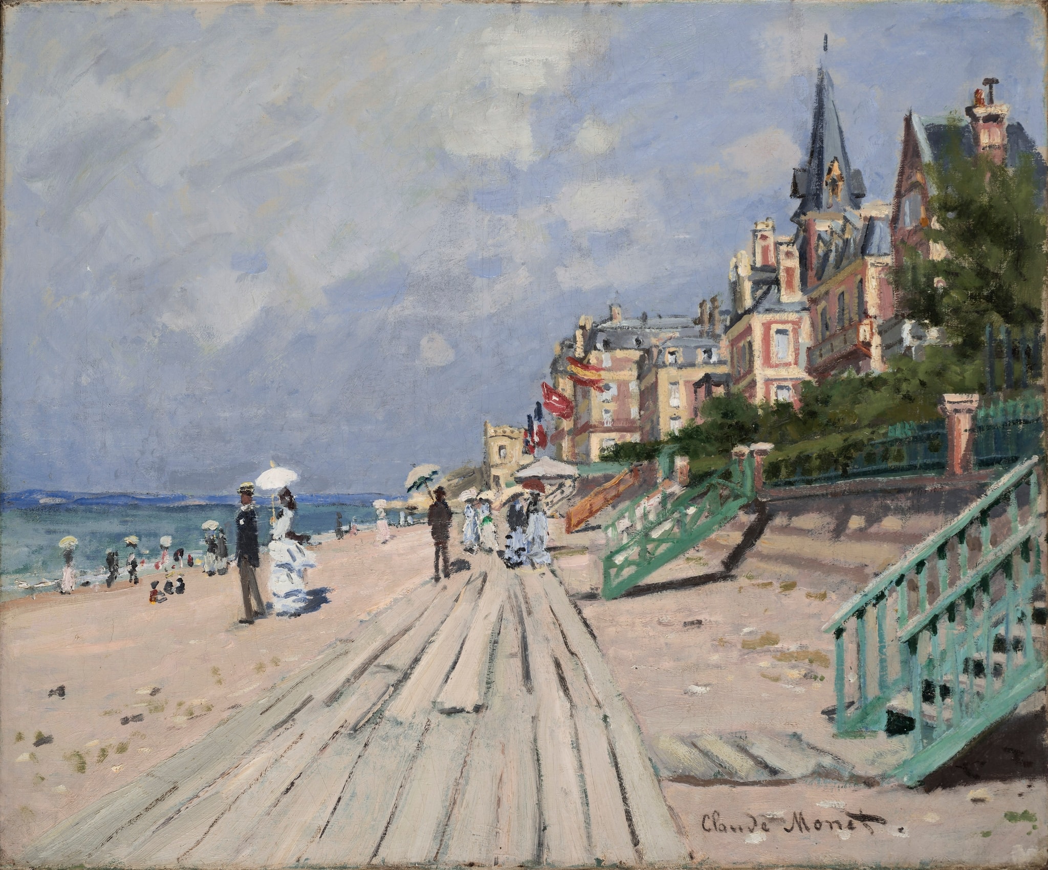 Click numbered symbols to learn about their meaning Beach at Trouville by Claude Monet (1870) featuring Diagonal boardwalk, Red flags in the wind, White parasols, Mint‑green railings and steps