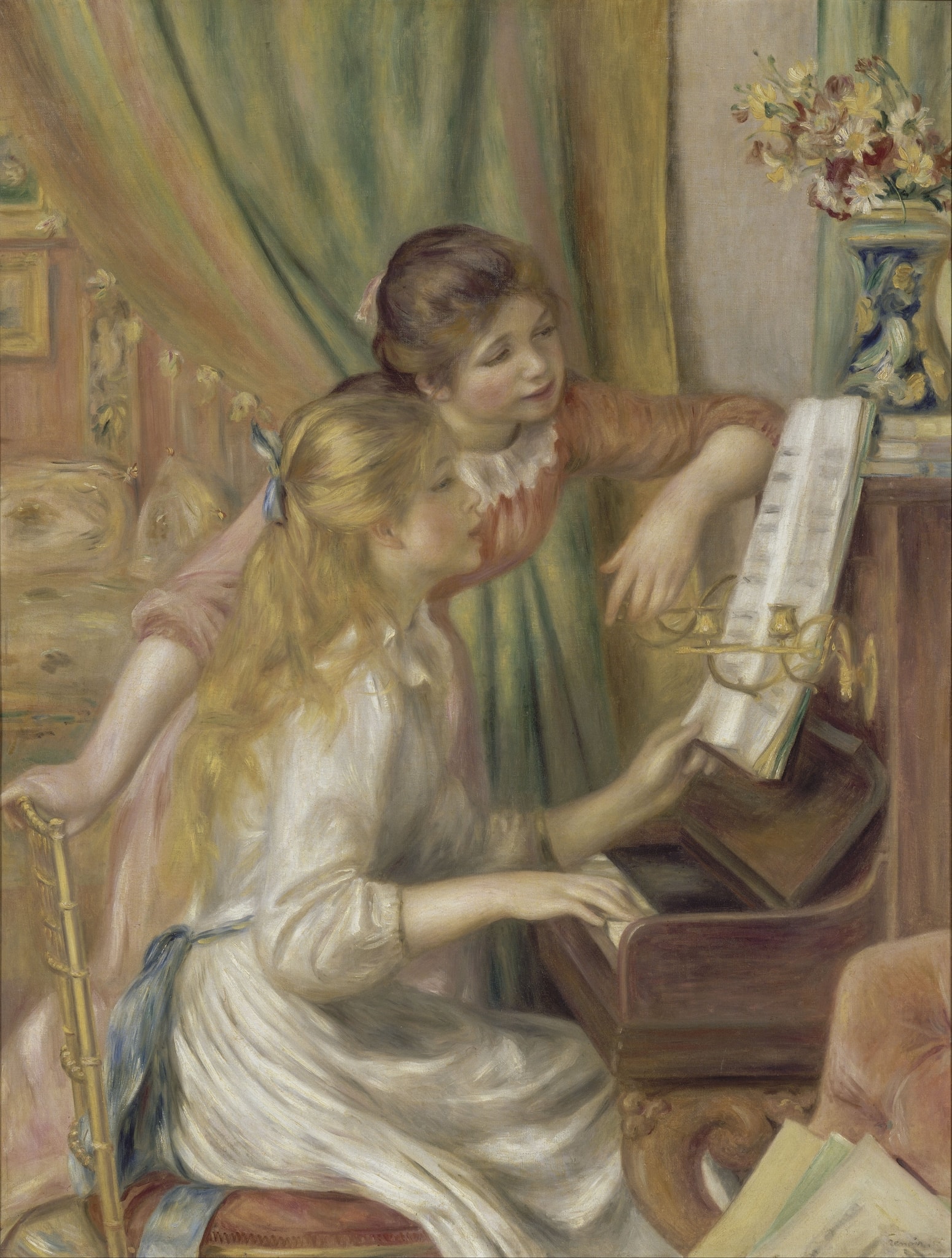 Click numbered symbols to learn about their meaning Young Girls at the Piano by Pierre-Auguste Renoir (1892) featuring Piano and Keyboard, Open Sheet Music, Two-Girl Duet, Ornate Gilded Furnishings