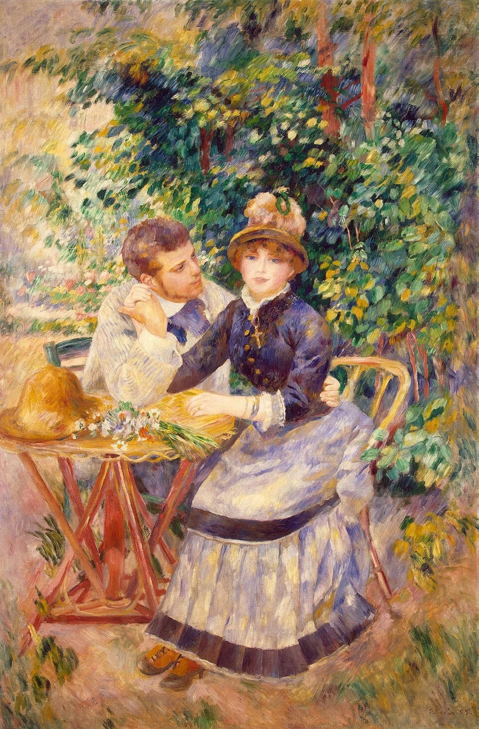 Click numbered symbols to learn about their meaning In the Garden by Pierre-Auguste Renoir (1885) featuring Clasped Hands, Bouquet of Small Flowers, Red Folding Café Table, Straw Hat on the Table