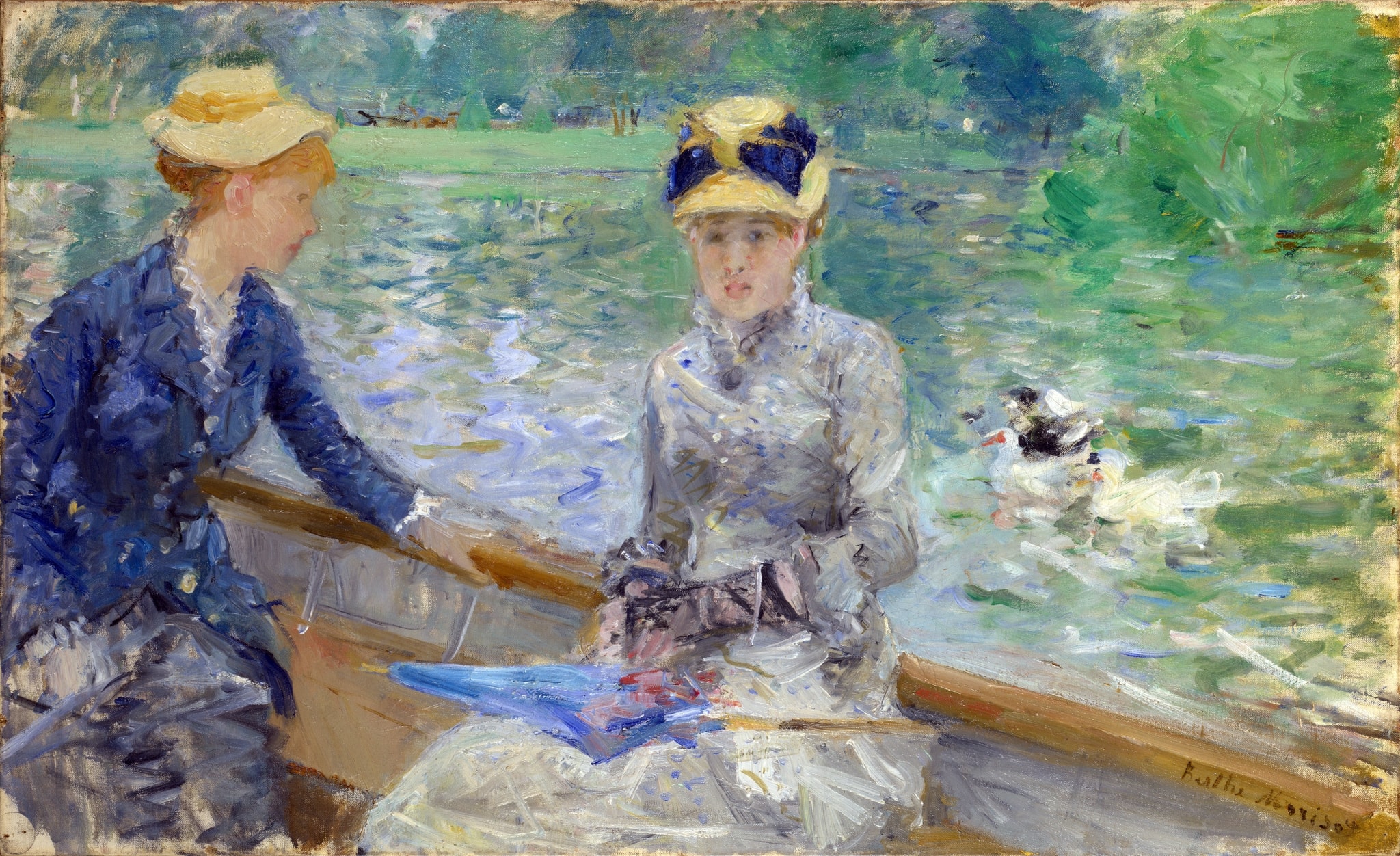 Click numbered symbols to learn about their meaning Summer's Day by Berthe Morisot (about 1879) featuring Blue parasol, Gloves, Fashionable hats, Rowboat