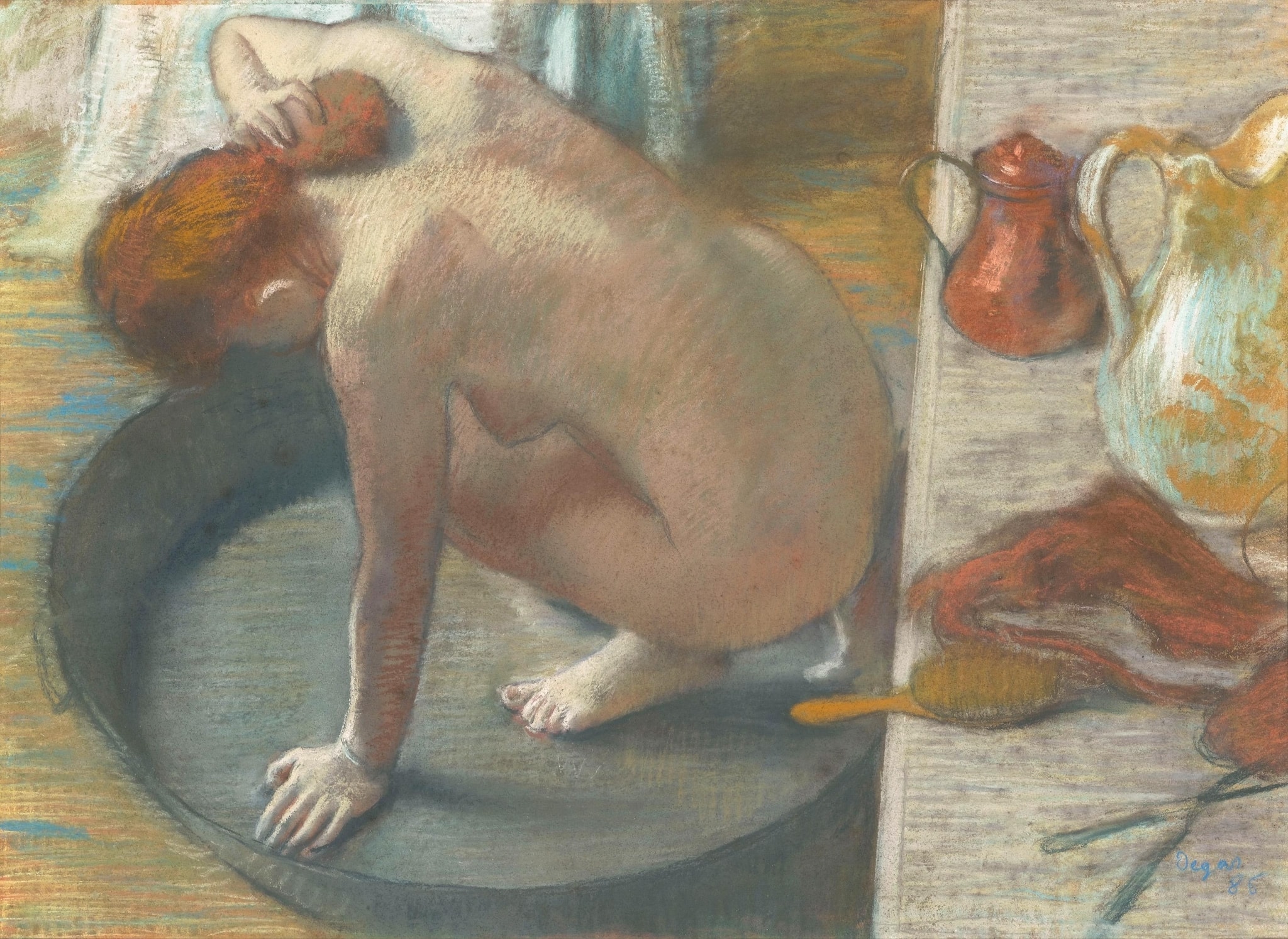 Click numbered symbols to learn about their meaning The Tub by Edgar Degas (1886) featuring Circular metal tub, Bracing hand and crouched pose, White ewer/jug, Copper pot