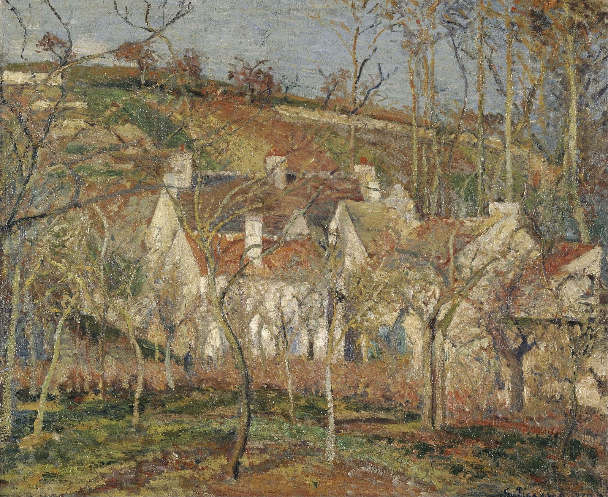 Click numbered symbols to learn about their meaning Red Roofs by Camille Pissarro (1877) featuring Screen of winter trees, Red-tiled roofs, White chimneys, Stacked parallel planes