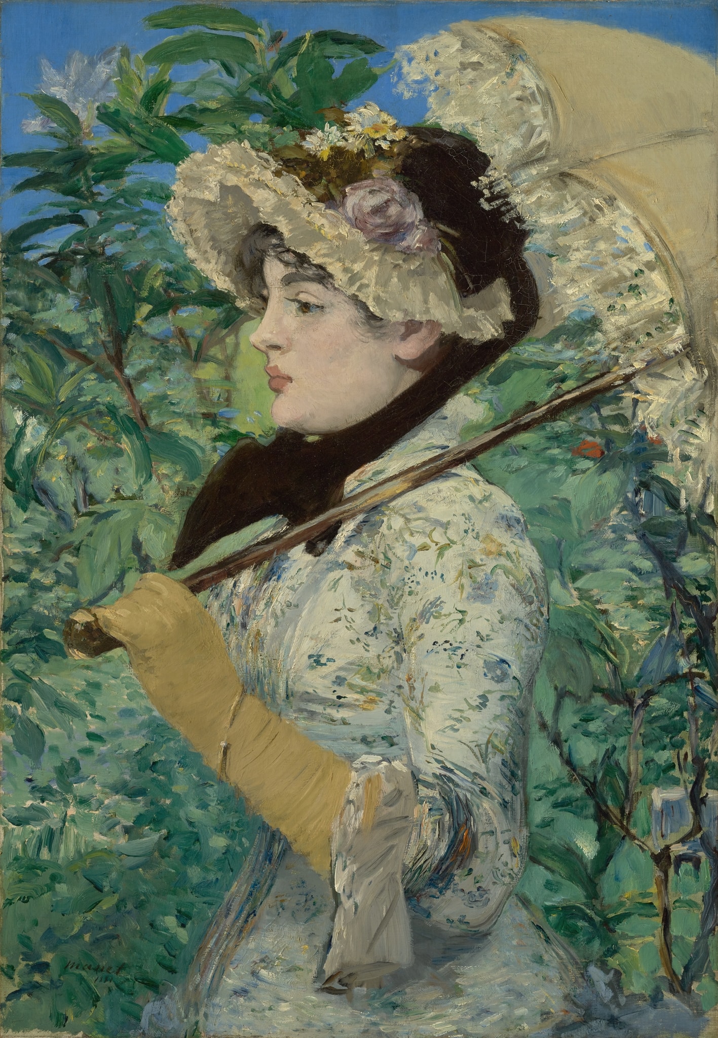 Click numbered symbols to learn about their meaning Jeanne (Spring) by Édouard Manet (1881) featuring Floral‑trimmed bonnet, Parasol, Long glove, Floral patterned dress