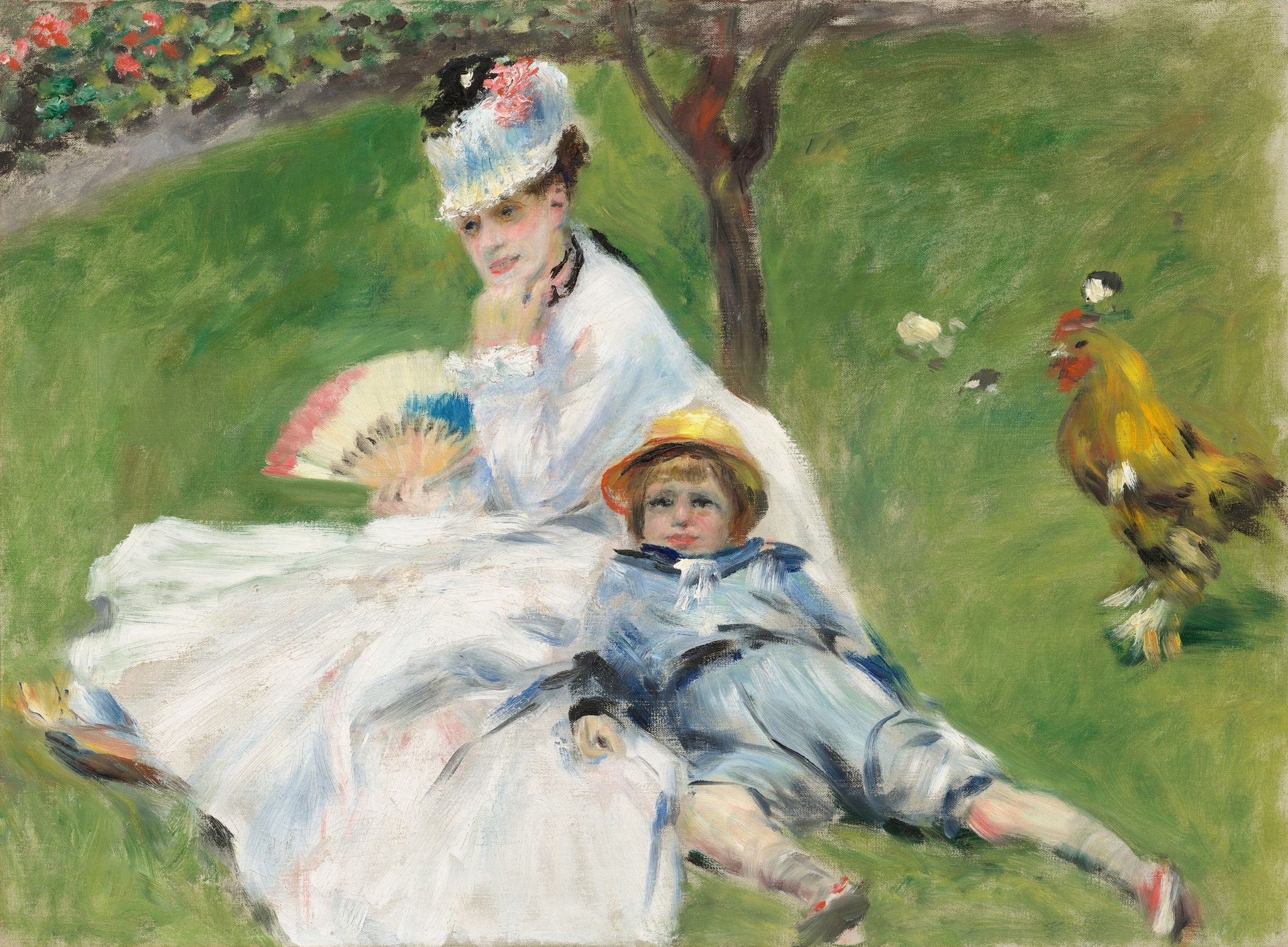 Click numbered symbols to learn about their meaning Madame Monet and Her Son by Pierre-Auguste Renoir (1874) featuring White dress, Hand fan, Blue sailor suit, Rooster