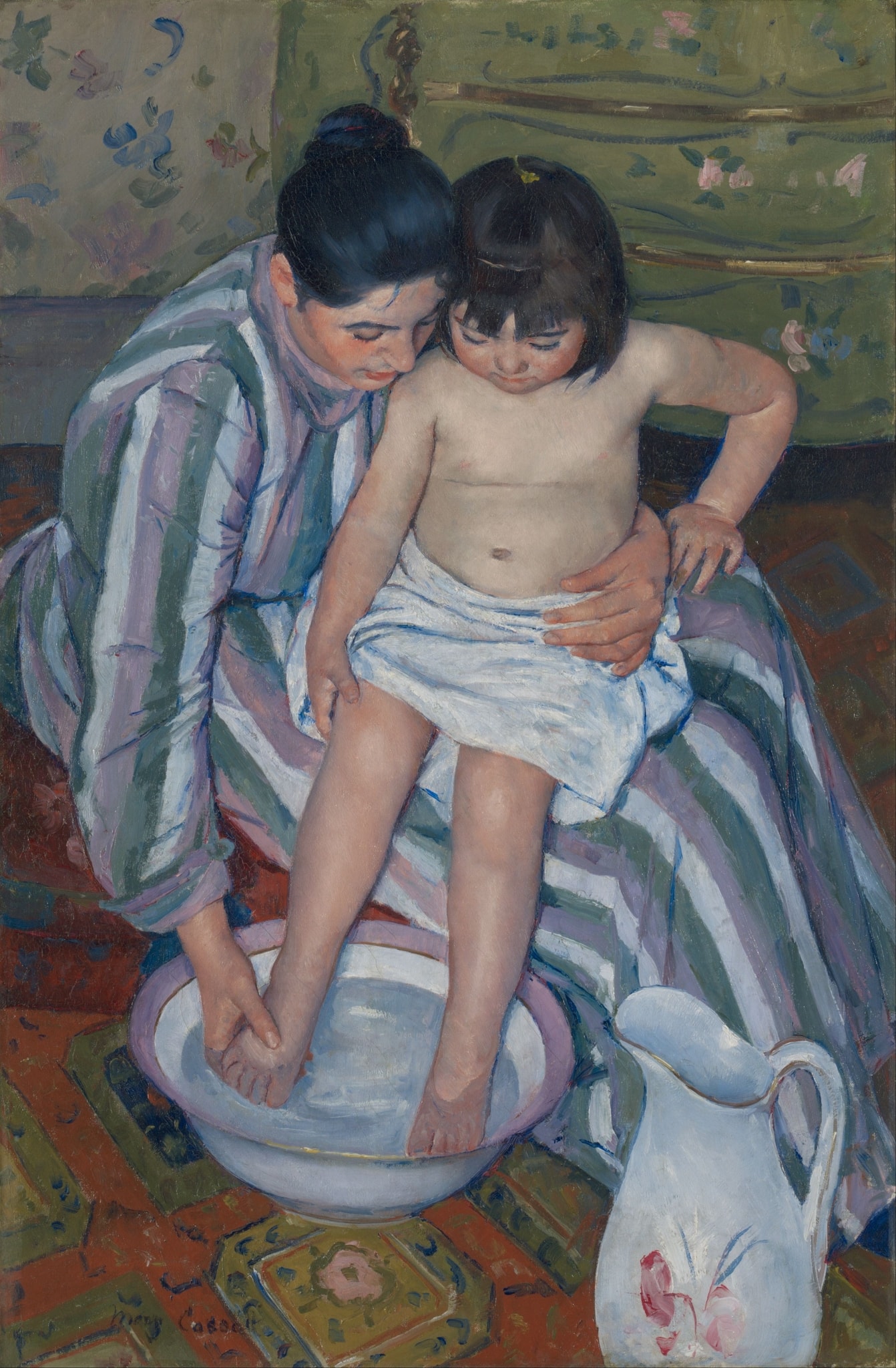 Click numbered symbols to learn about their meaning The Child's Bath by Mary Cassatt (1893) featuring Basin of water, Pitcher, White towel/cloth, Encircling hands and arms (circle of touch)