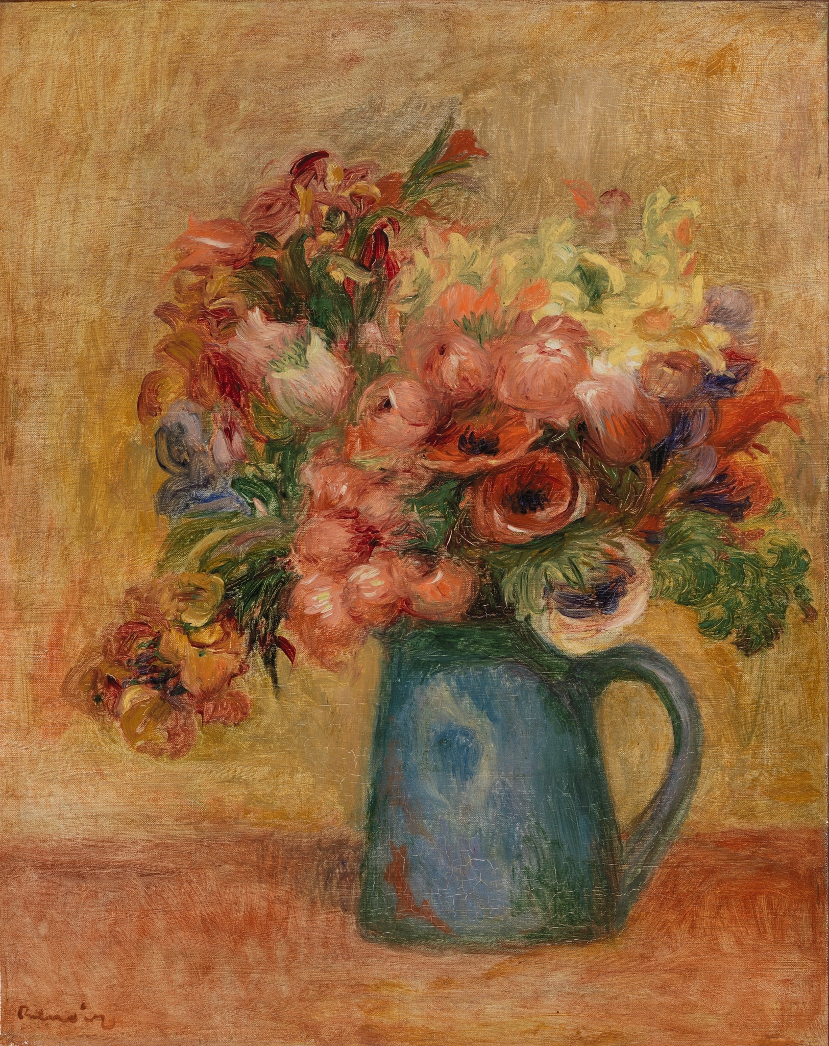 Click numbered symbols to learn about their meaning Vase of Flowers by Pierre-Auguste Renoir (c. 1889) featuring Blue‑green jug, Black‑centered anemone, Coral and vermilion roses, Pyramidal bouquet silhouette