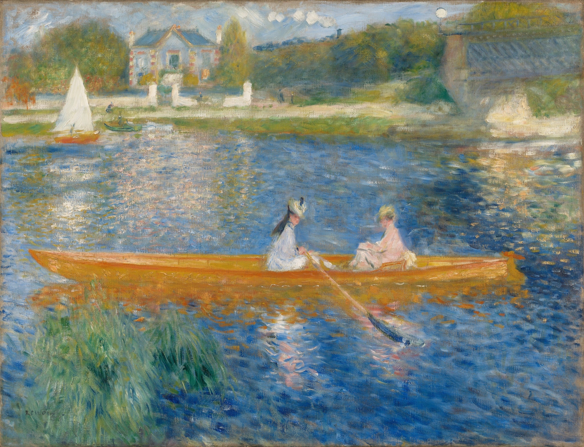 Click numbered symbols to learn about their meaning The Skiff (La Yole) by Pierre-Auguste Renoir (1875) featuring Orange skiff (yole), Oar and water vortex, Blue, shimmering river, White sailboat